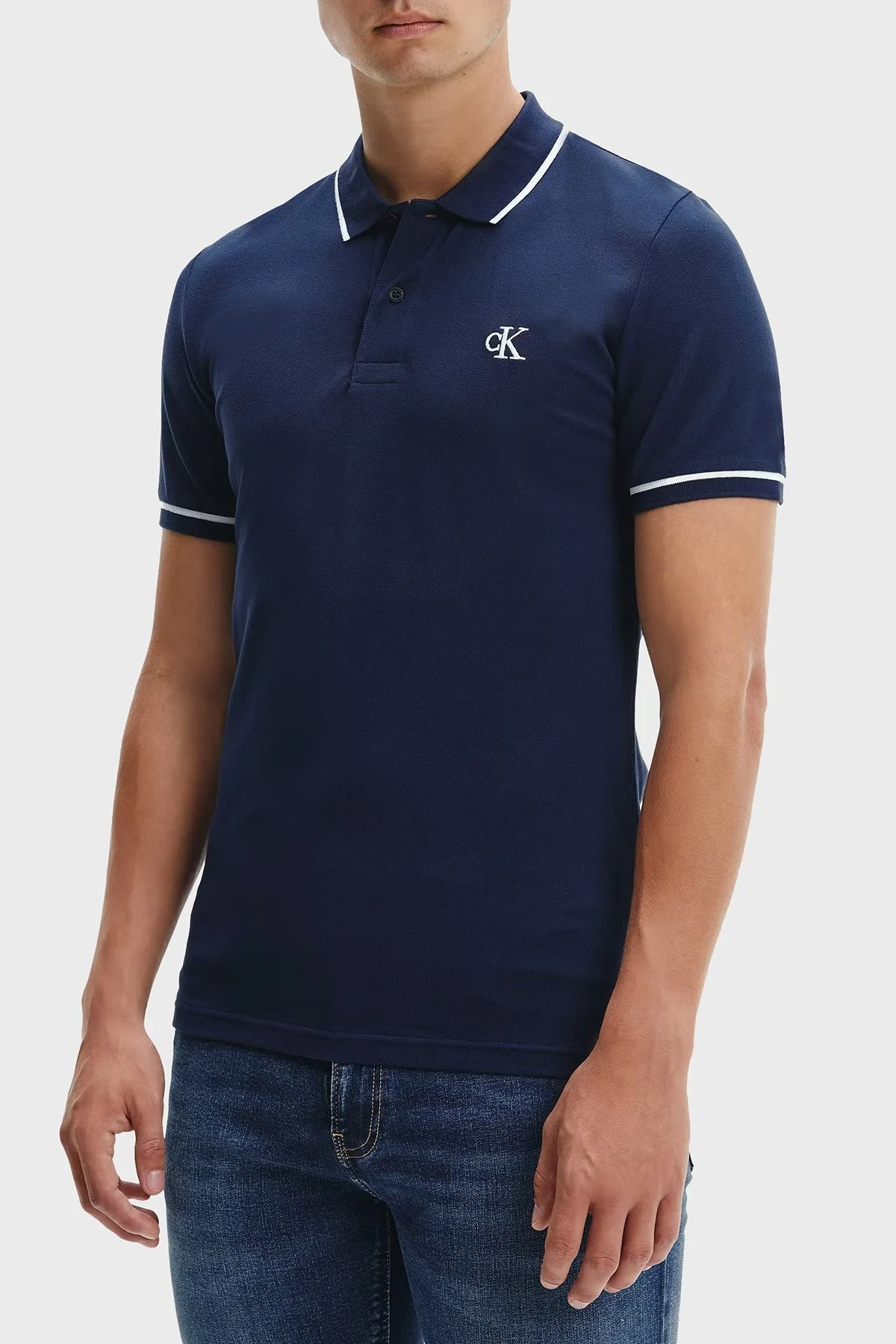 Calvin Klein Slim Fit Düğmeli Pamuklu T Shirt Erkek Polo J30J315603 CBK LACİVERT - 1
