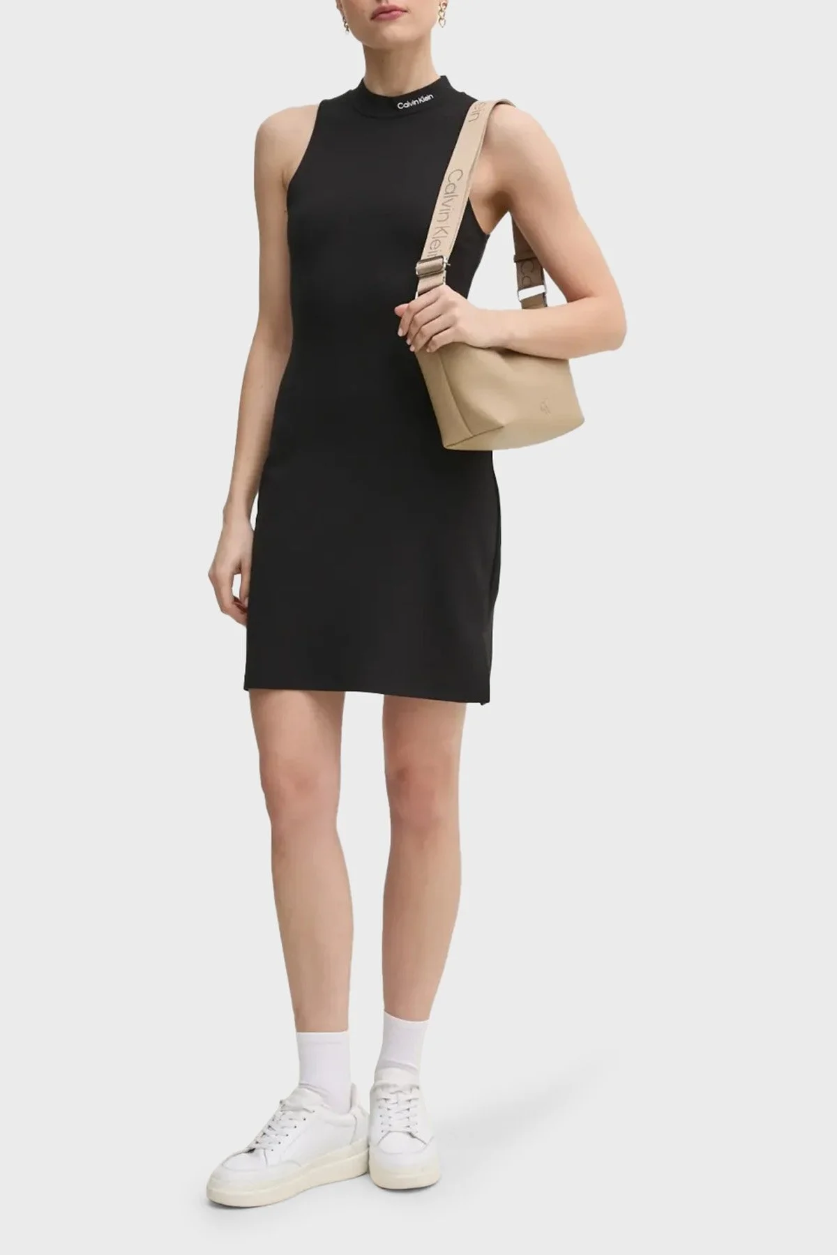 Calvin Klein Streç Logo Baskılı Slim Fit Mini Boy Yırtmaçlı J20J225290BEH Bayan Elbise J20J225290 BEH SİYAH - 6