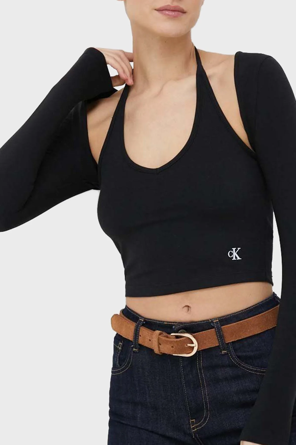 Calvin Klein Streç Pamuklu Çıkarılabilir Üst 2si 1 Arada V Yaka J20J220538BEH Bayan T Shirt J20J220538 BEH SİYAH - 1