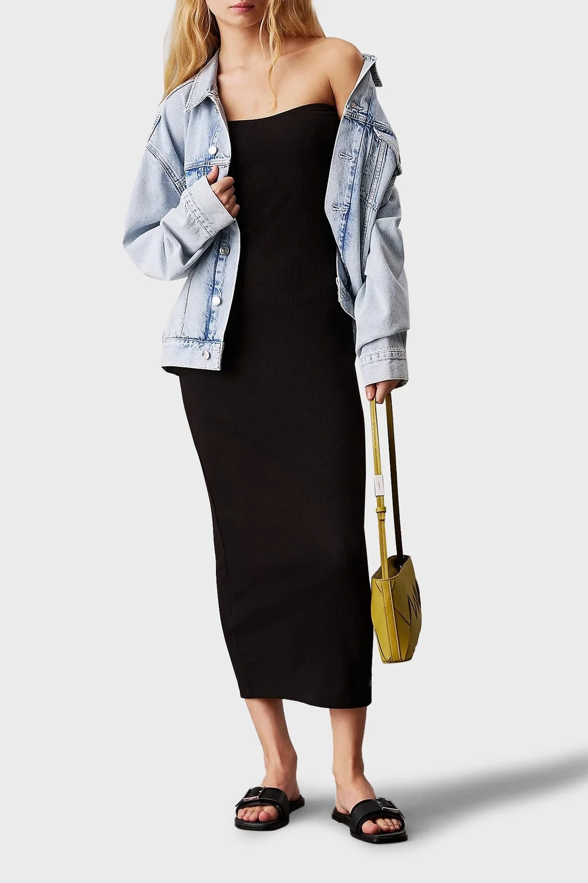 Calvin Klein Streç Pamuklu Fitted Fit Midi Boy Straplez J20J225263BEH Bayan Elbise J20J225263 BEH SİYAH - 5