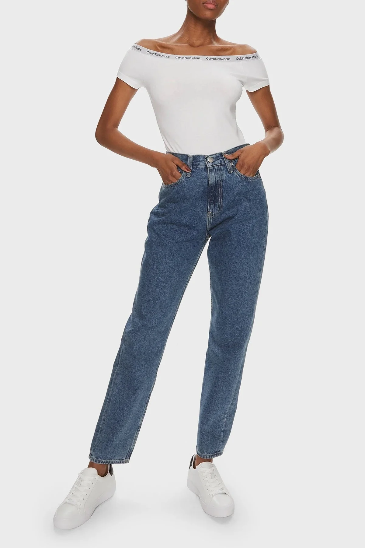Calvin Klein Streç Pamuklu Fitted Kayık Yaka J20J223098YAF Bayan Top J20J223098 YAF BEYAZ - 3