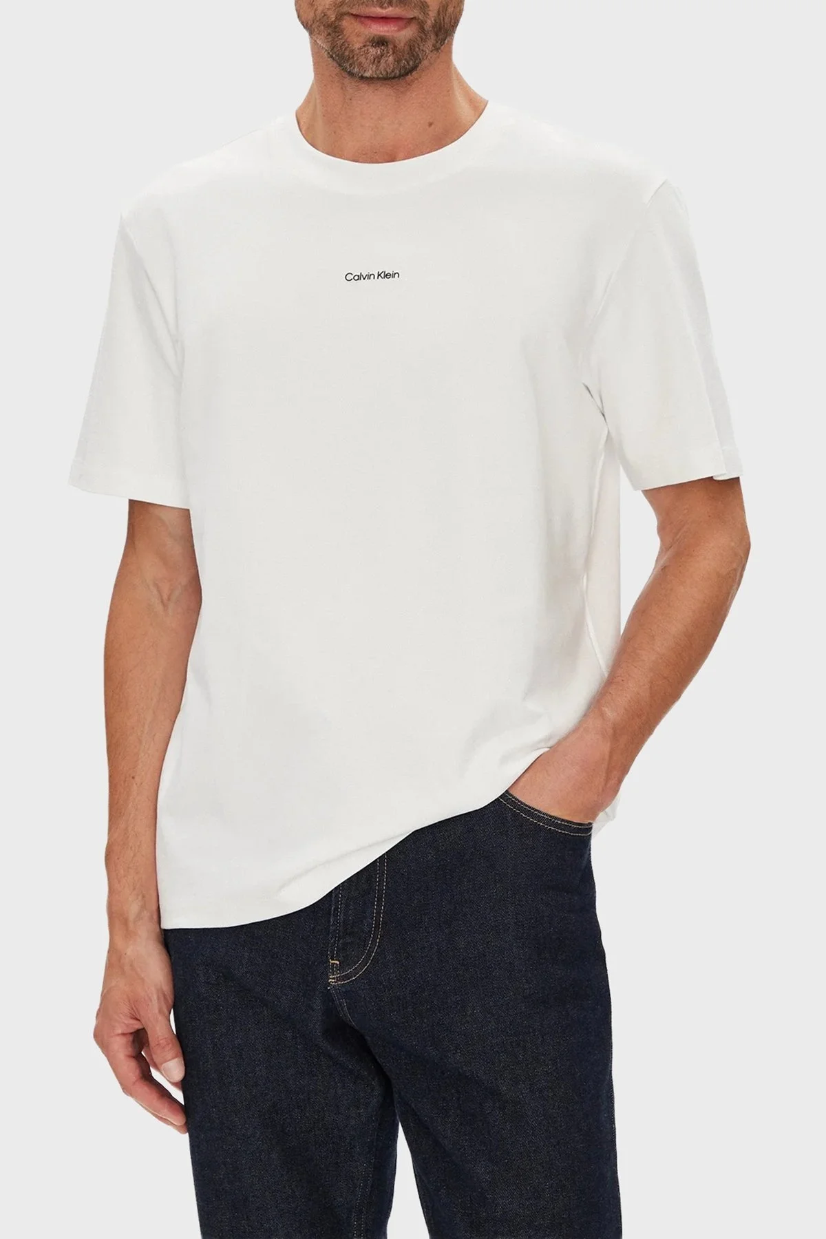 Calvin Klein Streç Pamuklu Regular Fit Sıfır Yaka LV04LC241GYAF Erkek T Shirt LV04LC241G YAF BEYAZ - 1