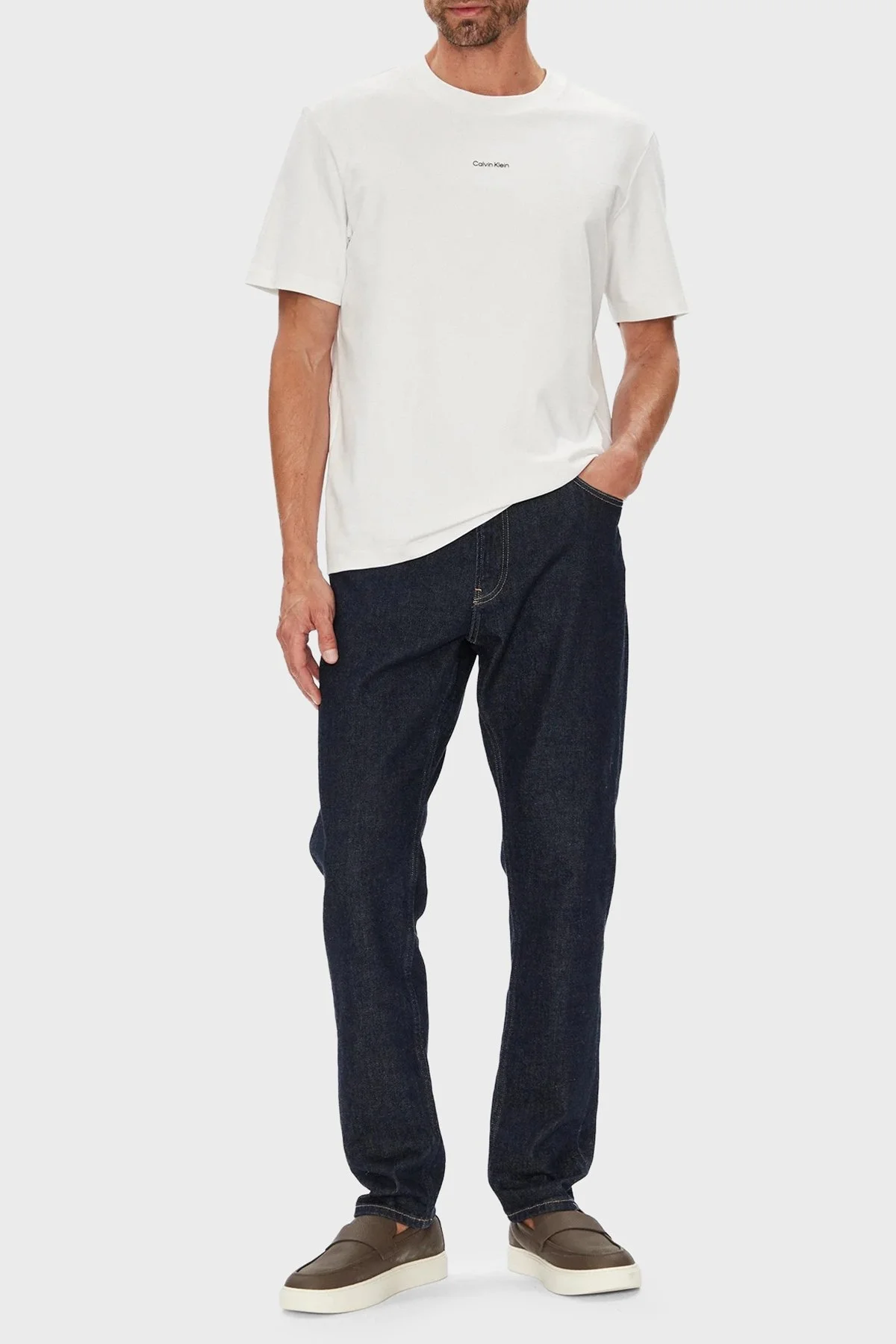 Calvin Klein Streç Pamuklu Regular Fit Sıfır Yaka LV04LC241GYAF Erkek T Shirt LV04LC241G YAF BEYAZ - 2