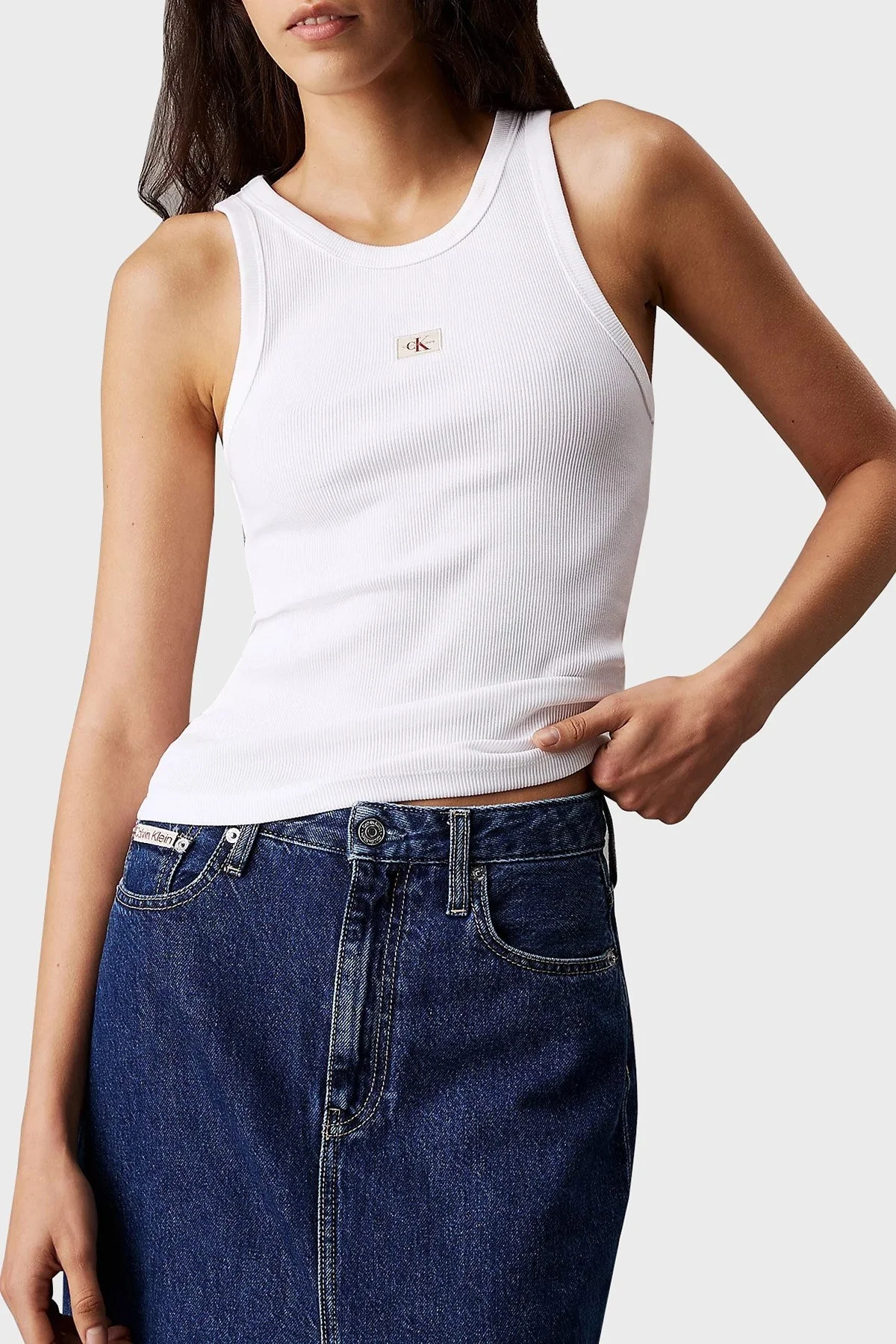 Calvin Klein Streç Pamuklu Slim Fit Bisiklet Yaka J20J224762YAF Bayan Top J20J224762 YAF BEYAZ - 1