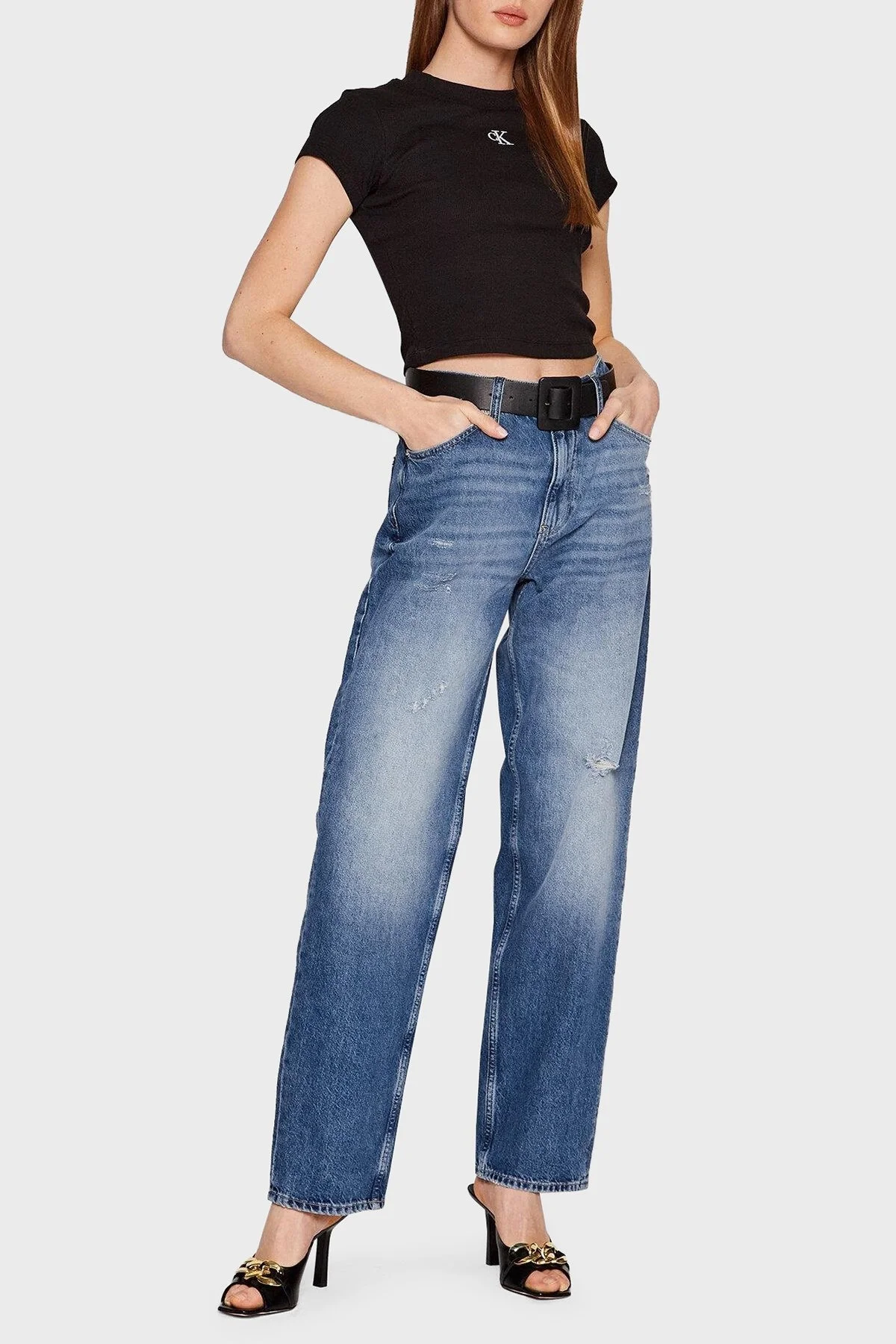 Calvin Klein Streç Pamuklu Slim Fit Crop J20J218337BEH Bayan T Shirt J20J218337 BEH SİYAH - 7