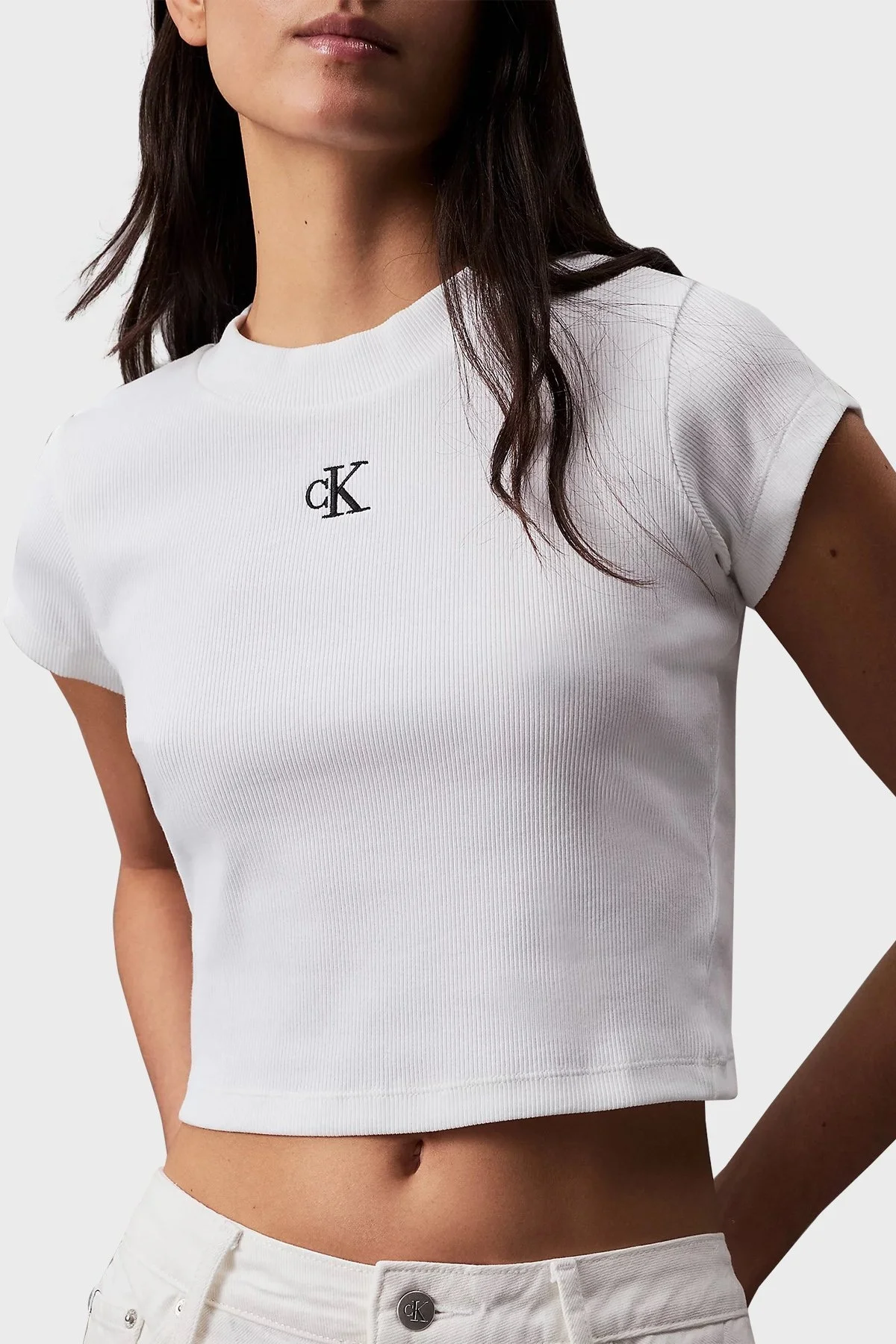 Calvin Klein Streç Pamuklu Slim Fit Crop J20J218337YAF Bayan T Shirt J20J218337 YAF BEYAZ - 5