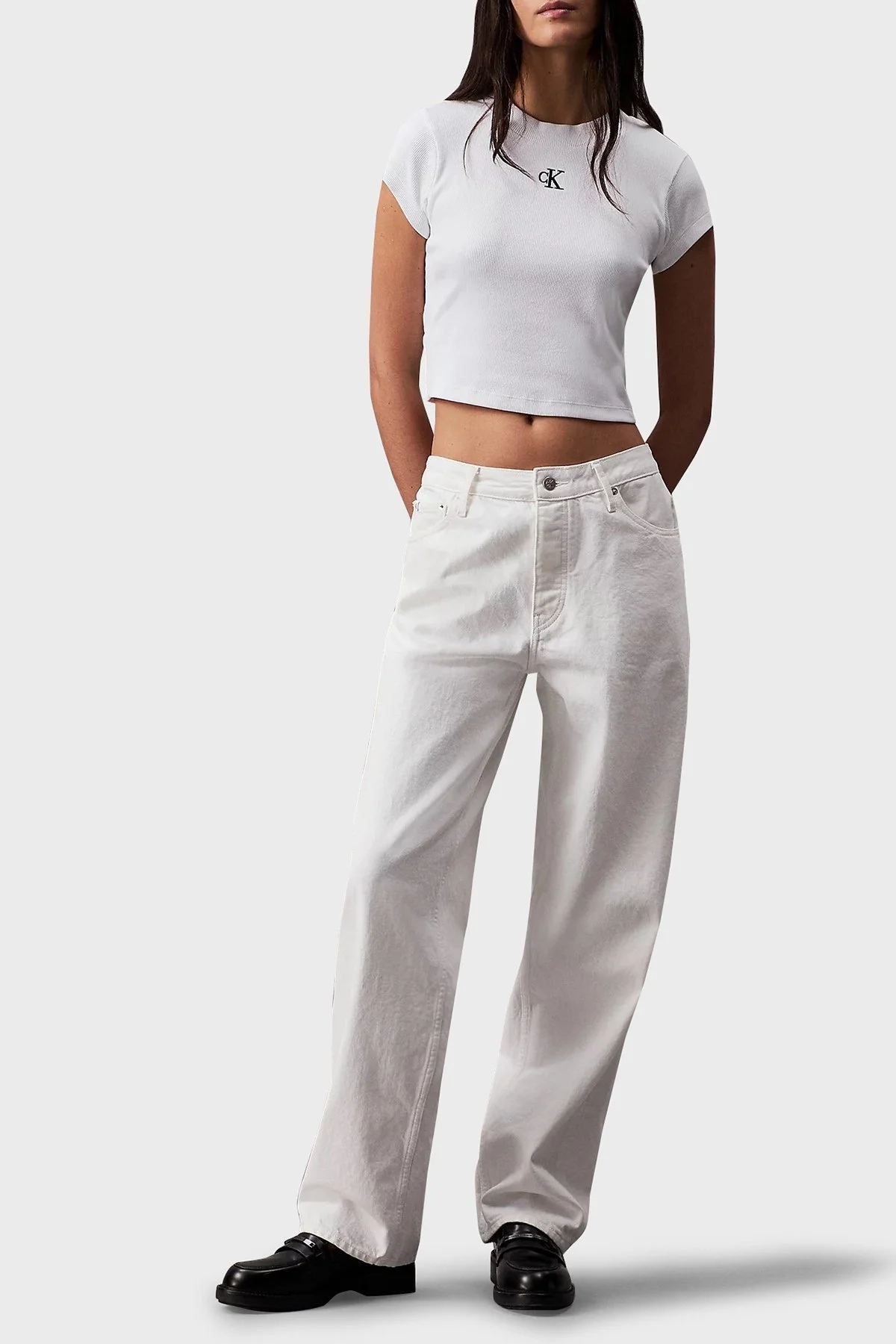 Calvin Klein Streç Pamuklu Slim Fit Crop J20J218337YAF Bayan T Shirt J20J218337 YAF BEYAZ - 6