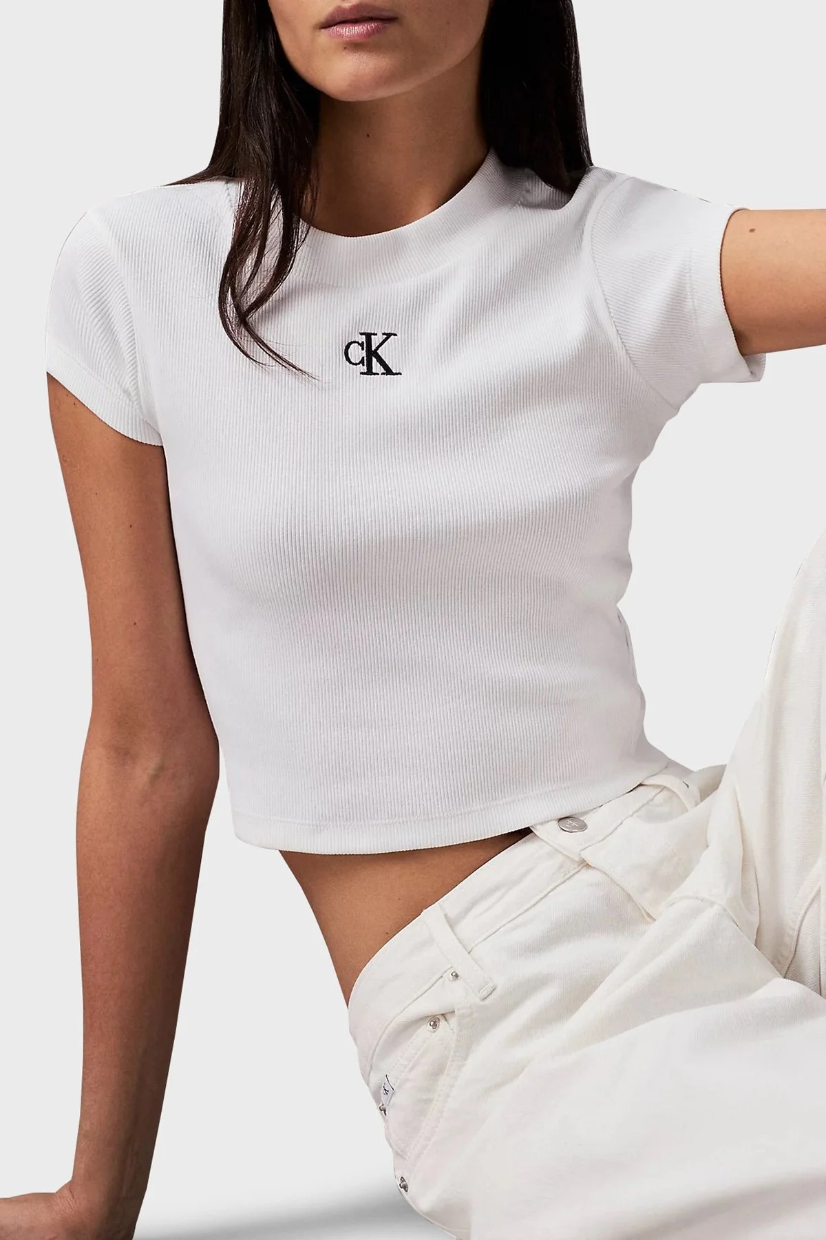 Calvin Klein Streç Pamuklu Slim Fit Crop J20J218337YAF Bayan T Shirt J20J218337 YAF BEYAZ - 8