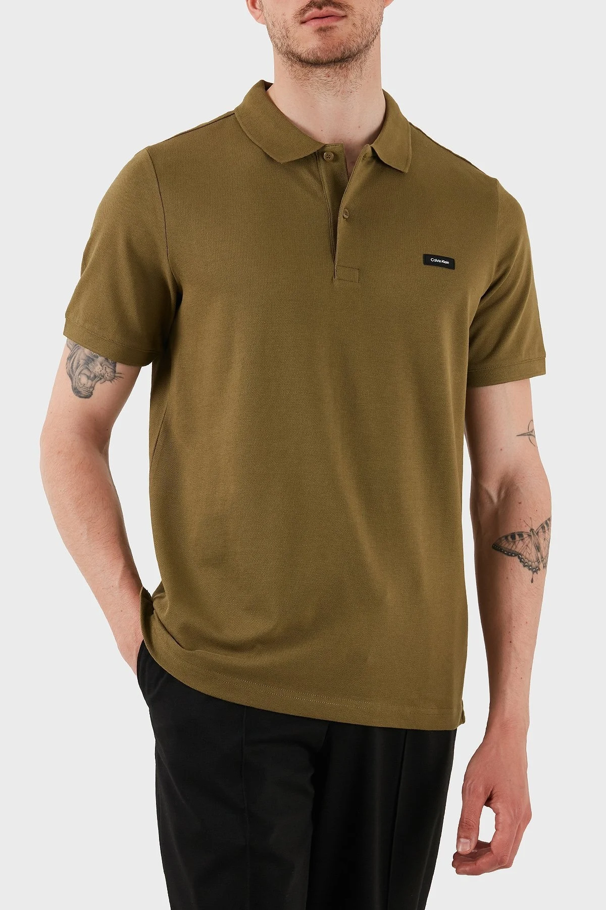 Calvin Klein Streç Pamuklu Slim Fit Düğmeli K10K111196LHT Erkek Polo Yaka T Shirt K10K111196 LHT HAKİ - 9