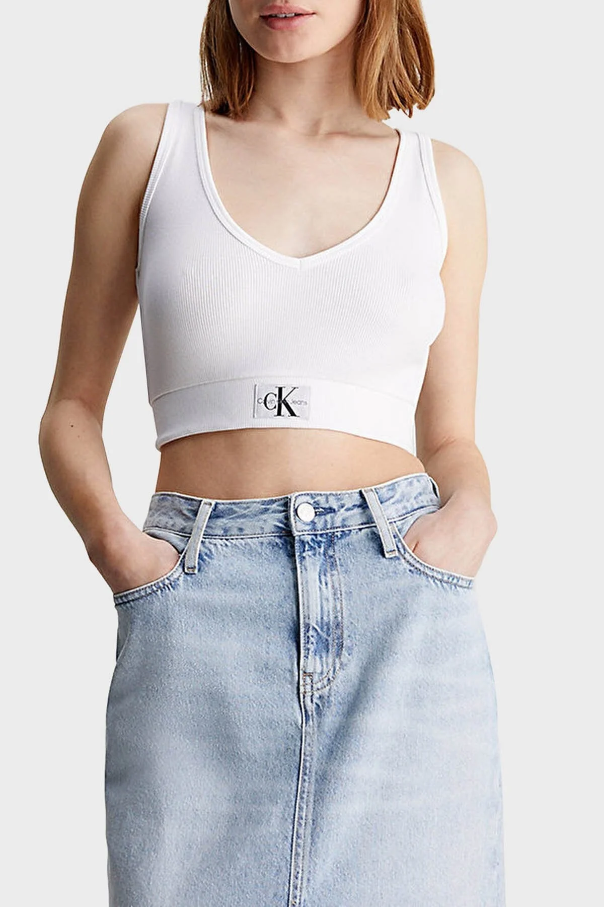 Calvin Klein Streç Pamuklu Slim Fit J20J223356YAF Bayan Top J20J223356 YAF BEYAZ - 6