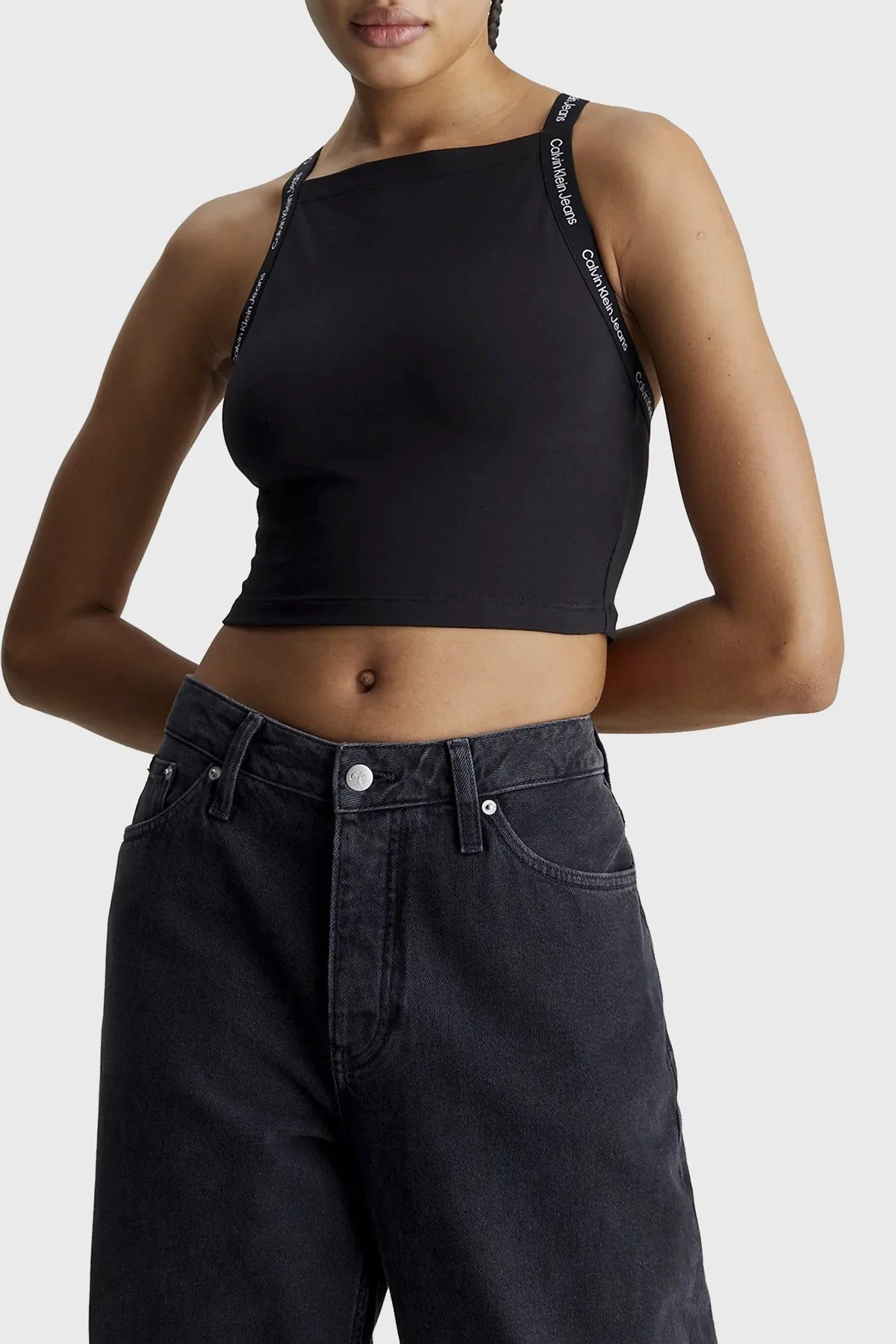Calvin Klein Streç Pamuklu Slim Fit Kare Yaka J20J223110BEH Bayan Top J20J223110 BEH SİYAH - 1