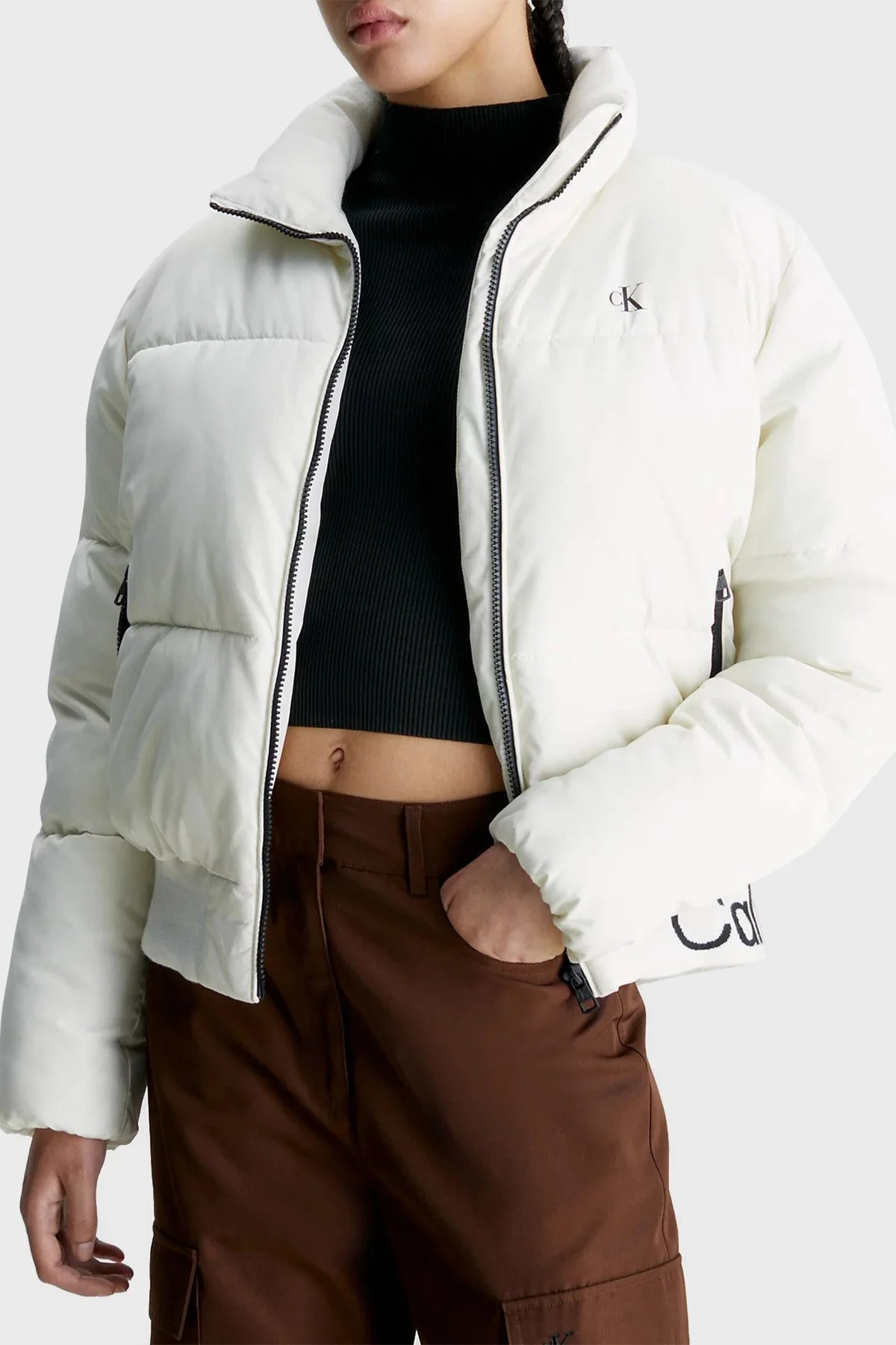 Calvin Klein Su Geçirmez Relaxed Fit Dik Yaka Bomber J20J222334YBI Bayan Mont J20J222334 YBI BEYAZ - 1