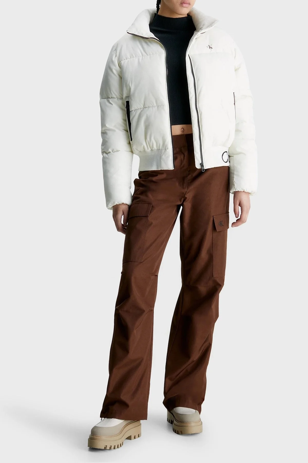 Calvin Klein Su Geçirmez Relaxed Fit Dik Yaka Bomber J20J222334YBI Bayan Mont J20J222334 YBI BEYAZ - 3