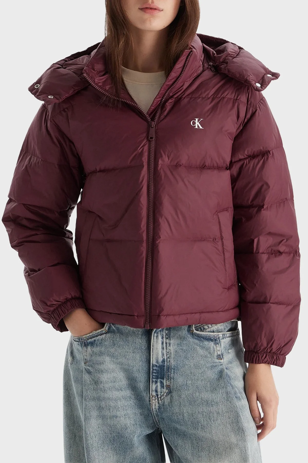 Calvin Klein Suya Dayanıklı Boxy Fit Çıkarılabilir Kapüşonlu Şişme LV047D501GGEX Bayan Mont LV047D501G GEX BORDO - 1