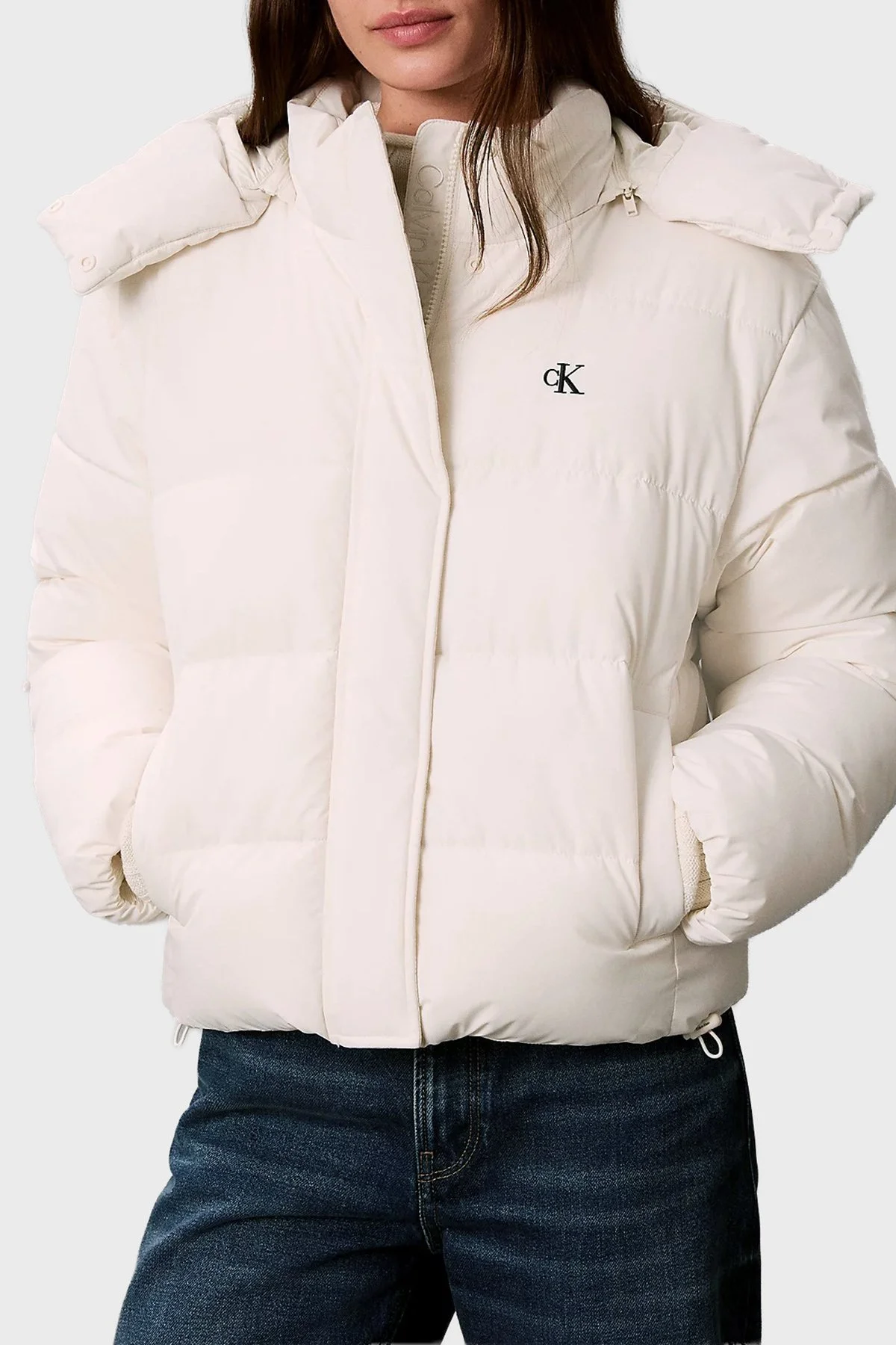 Calvin Klein Suya Dayanıklı Çıkarılabilir Kapüşonlu Şişme LV047H504GYAS Kadın Mont LV047H504G YAS Krem - 1