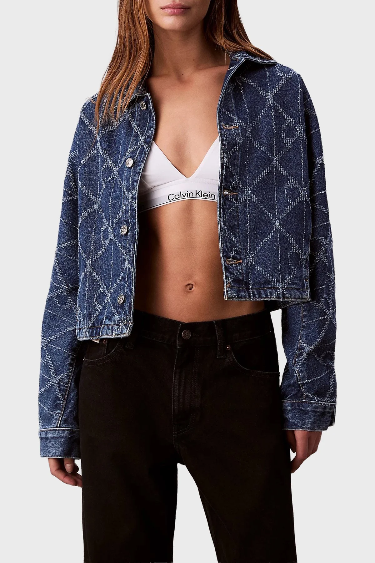 Calvin Klein Tamamı Logolu Pamuklu Regular Fit LV047D749GYY2 Bayan Kot Ceket LV047D749G YY2 MAVİ - 1