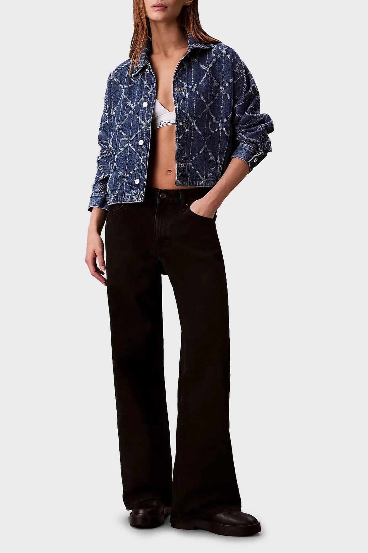 Calvin Klein Tamamı Logolu Pamuklu Regular Fit LV047D749GYY2 Bayan Kot Ceket LV047D749G YY2 MAVİ - 2