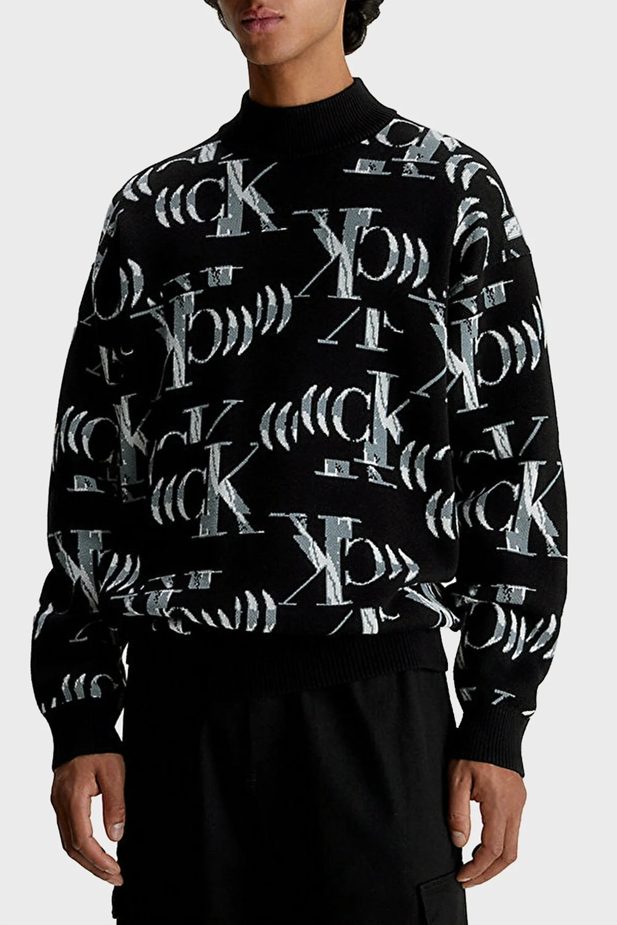 Calvin Klein Tamamı Logolu Pamuklu Yarım Balıkçı Regular Fit J30J3247880GS Erkek Kazak J30J324788 0GS SİYAH-BEYAZ - 1