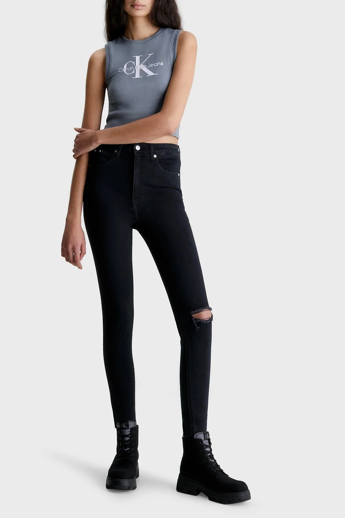 Calvin Klein Yüksek Bel Süper Skinny Streç Pamuklu Dar Paça Bilekte Jeans J20J2206161BY Bayan Kot Pantolon J20J220616 1BY SİYAH - 4