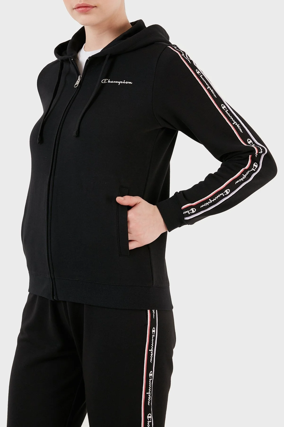 Champion Logo Şeritli Pamuk Karışımlı Kapüşonlu Fermuarlı Bayan Sweat 117293 NBK KK001 SİYAH - 3