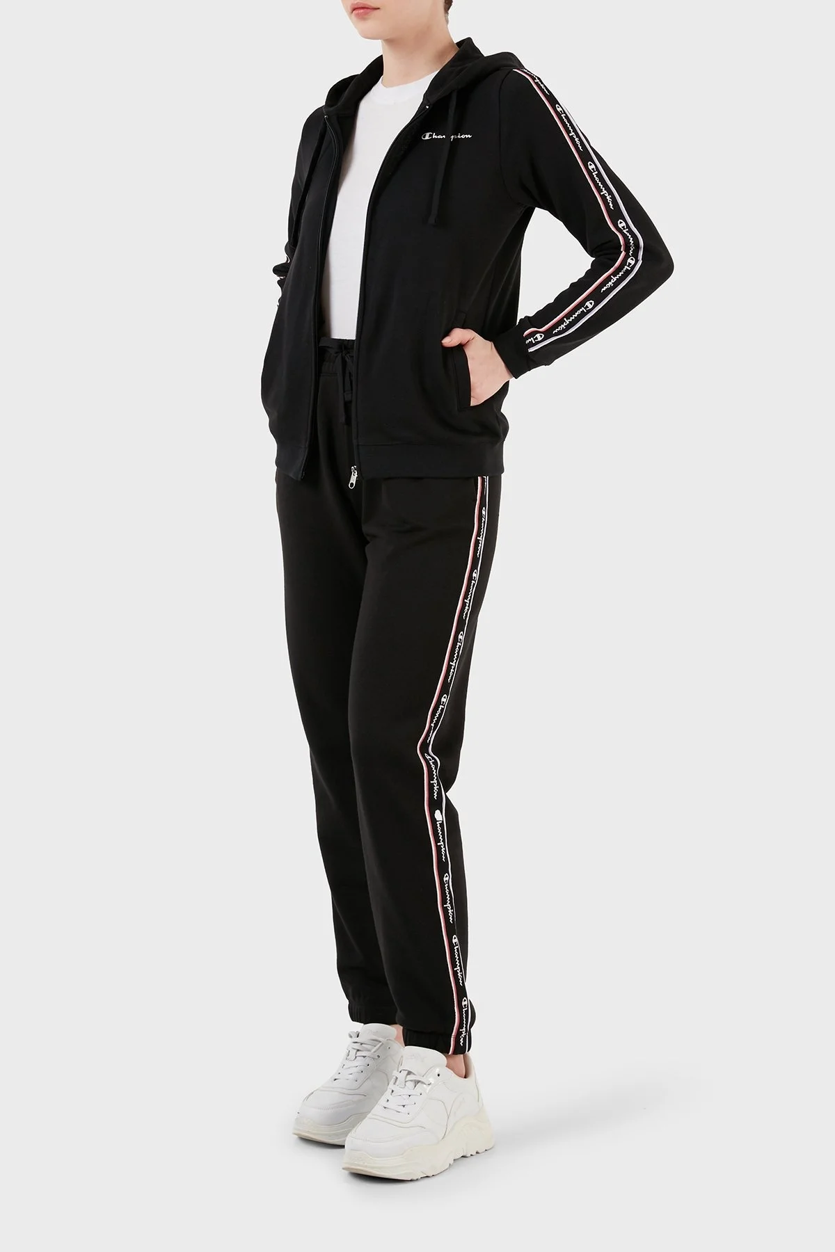 Champion Logo Şeritli Pamuk Karışımlı Kapüşonlu Fermuarlı Bayan Sweat 117293 NBK KK001 SİYAH - 4