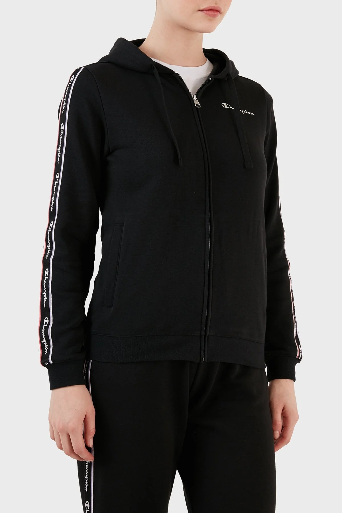 Champion Logo Şeritli Pamuk Karışımlı Kapüşonlu Fermuarlı Bayan Sweat 117293 NBK KK001 SİYAH - 5