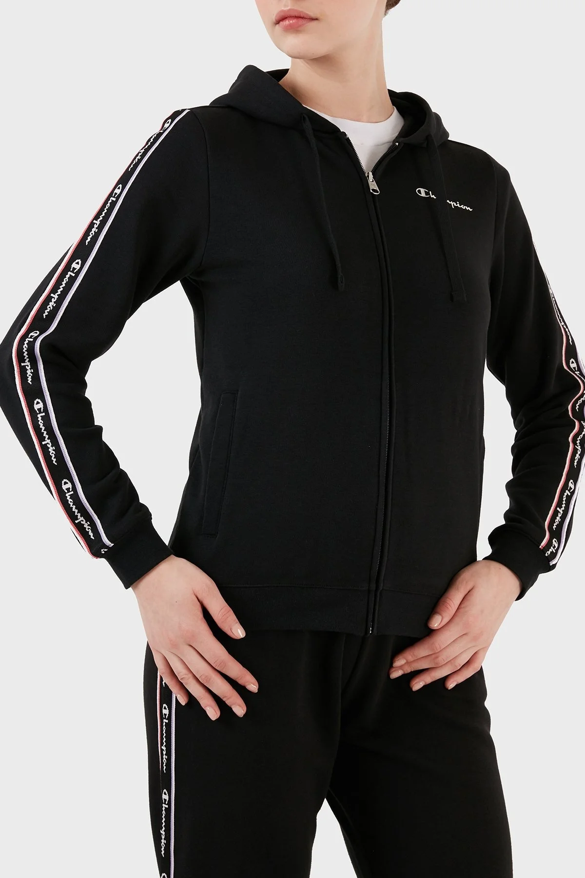 Champion Logo Şeritli Pamuk Karışımlı Kapüşonlu Fermuarlı Bayan Sweat 117293 NBK KK001 SİYAH - 6