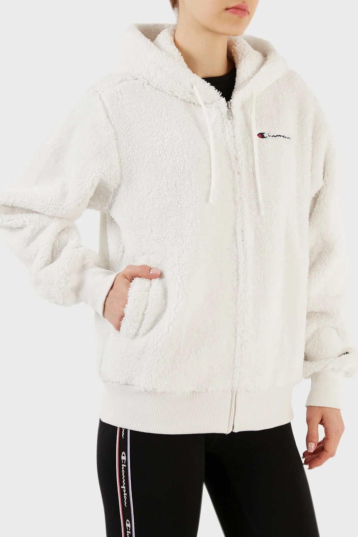 Champion Logolu Kapüşonlu Tam Fermuarlı Polar Teddy Bayan Sweat 116599 WAY WW036 BEYAZ - 1