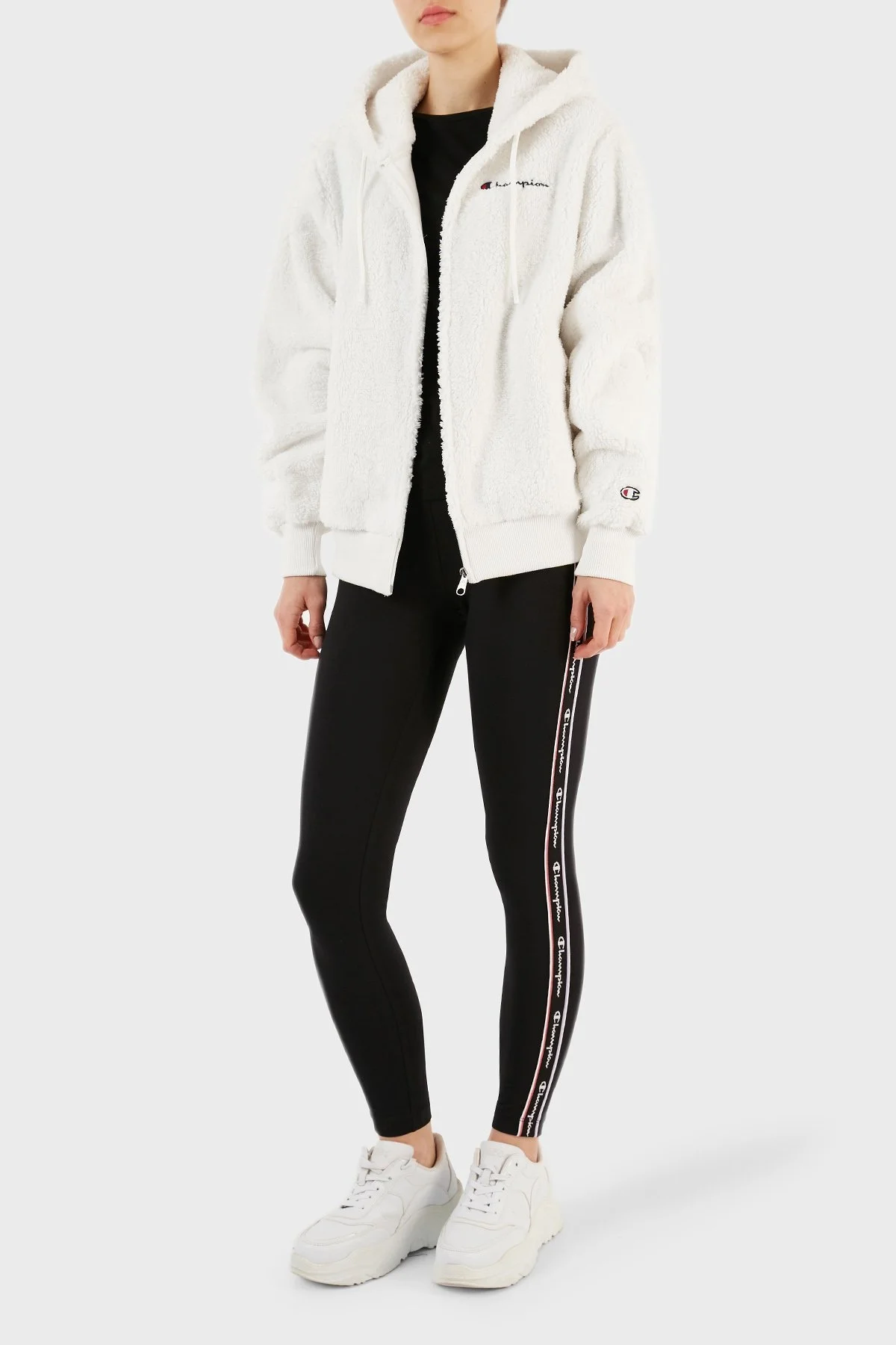 Champion Logolu Kapüşonlu Tam Fermuarlı Polar Teddy Bayan Sweat 116599 WAY WW036 BEYAZ - 3