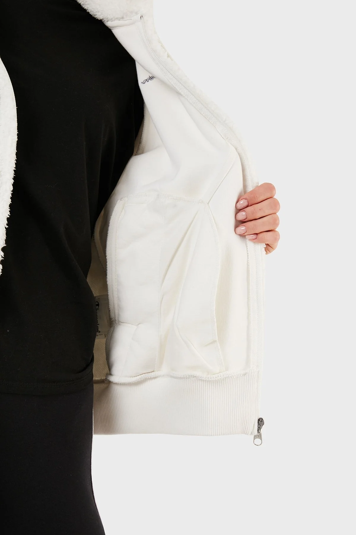 Champion Logolu Kapüşonlu Tam Fermuarlı Polar Teddy Bayan Sweat 116599 WAY WW036 BEYAZ - 4