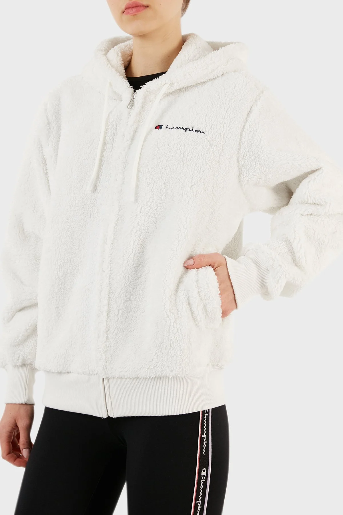Champion Logolu Kapüşonlu Tam Fermuarlı Polar Teddy Bayan Sweat 116599 WAY WW036 BEYAZ - 5