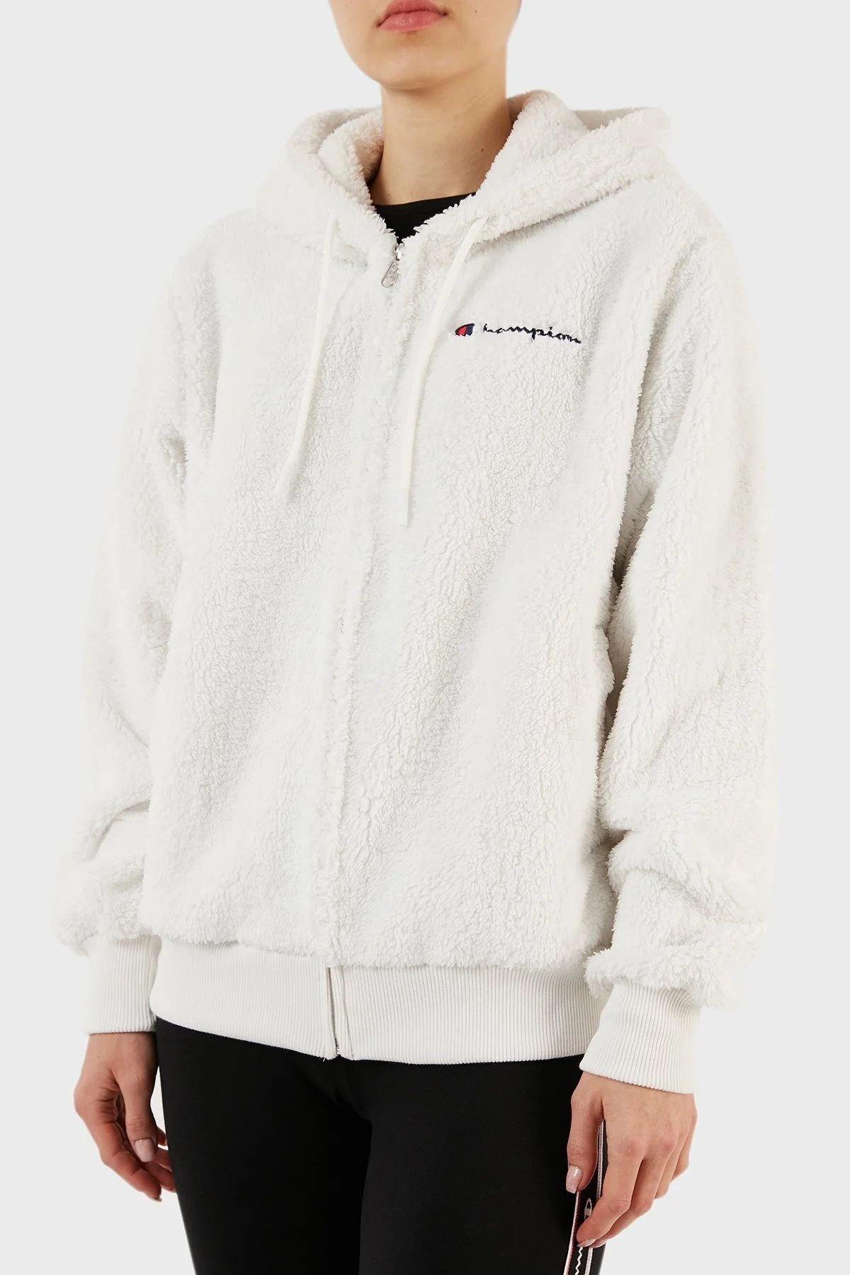 Champion Logolu Kapüşonlu Tam Fermuarlı Polar Teddy Bayan Sweat 116599 WAY WW036 BEYAZ - 6
