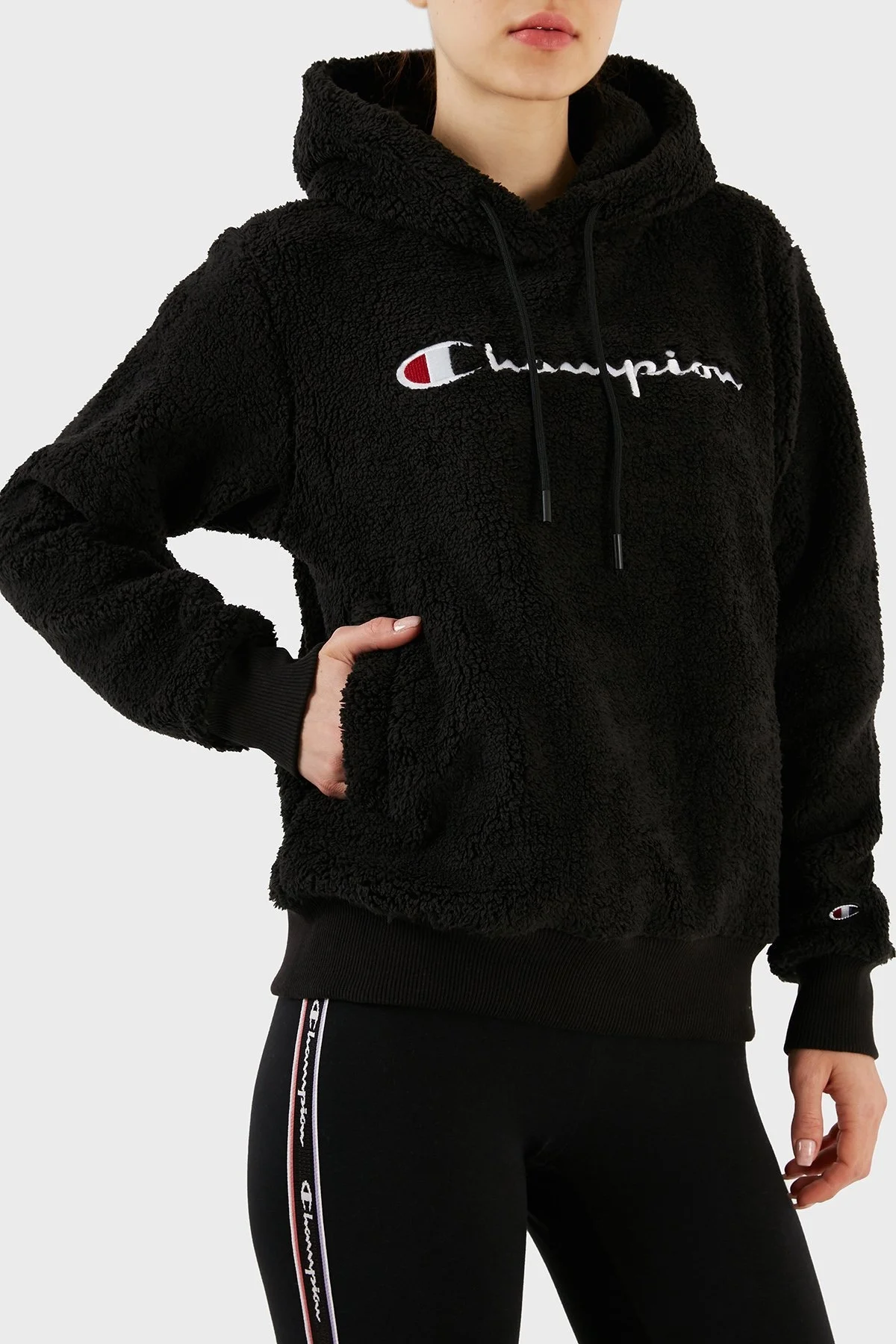 Champion Logolu Regular Fit Kapüşonlu Polar Teddy Bayan Sweat 116598 NBK KK001 SİYAH - 4