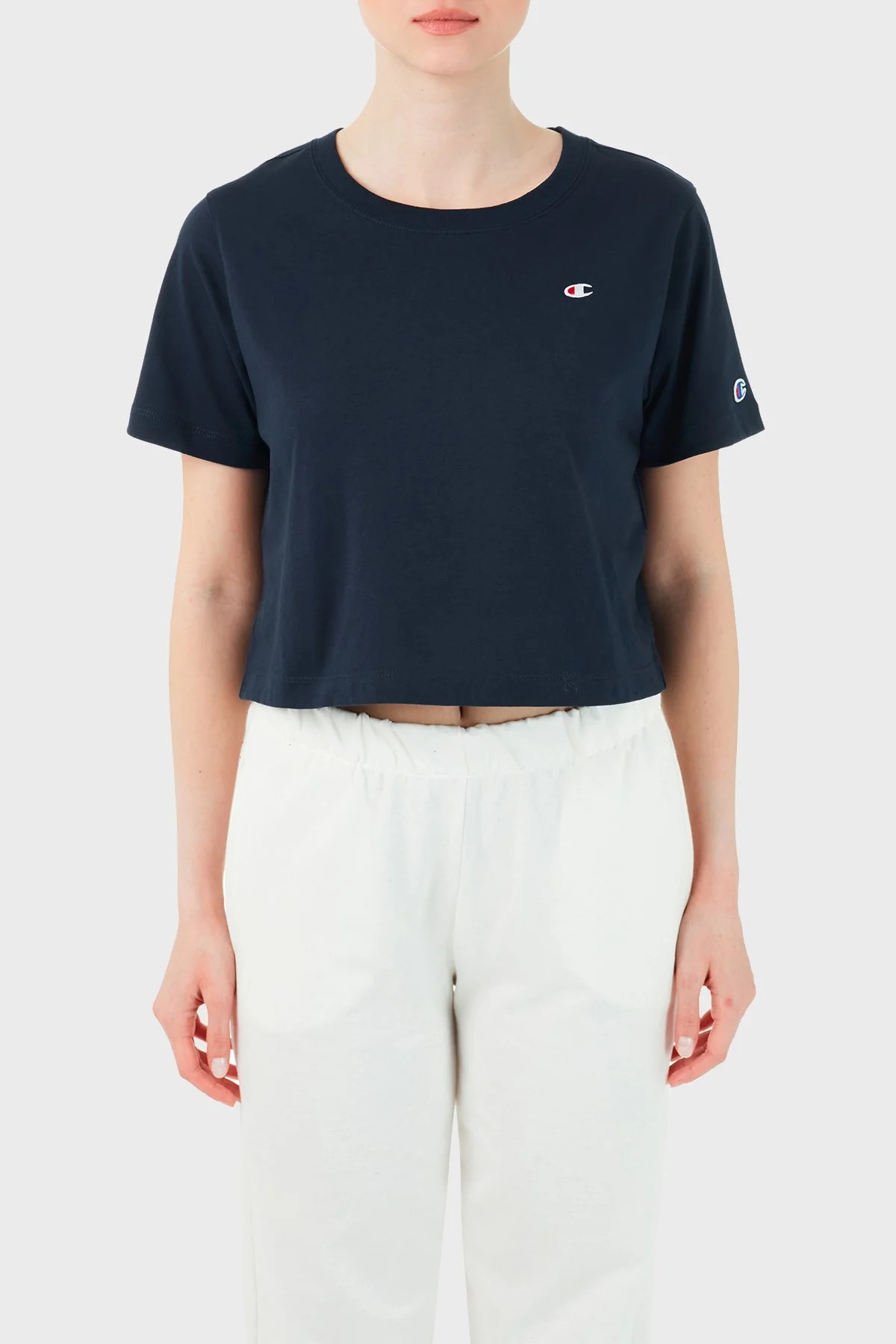 Champion Marka Logolu Bisiklet Yaka % 100 Pamuk Crop Bayan T Shirt 112731 NNY BS501 LACİVERT - 1