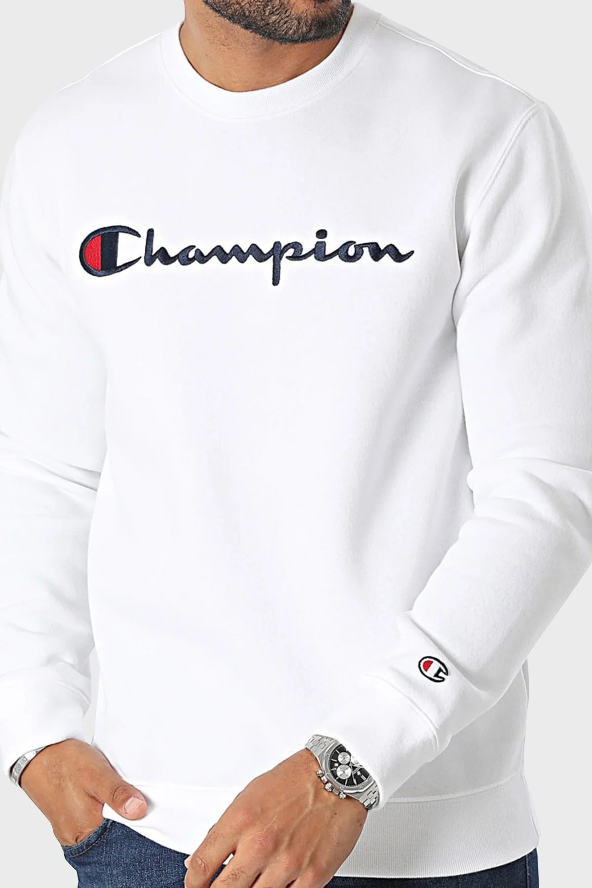 Champion Pamuklu Comfort Fit İçi Polarlı Bisiklet Yaka Erkek Sweat 219204 WHT WW001 BEYAZ - 3