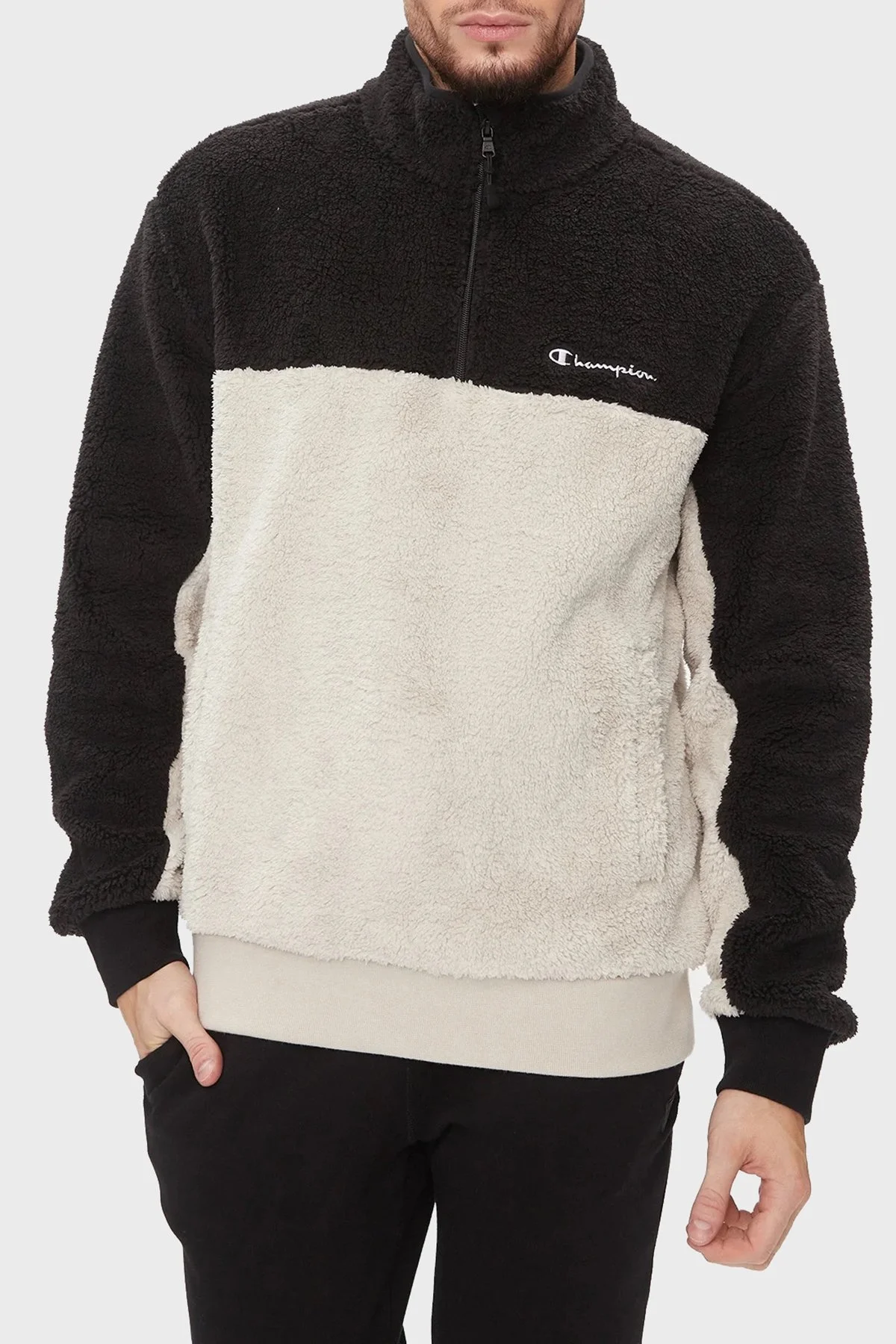 Champion Regular Fit Yarım Fermuarlı Teddy Polar Erkek Sweat 219442 SVL/NBK ES057 SİYAH-EKRU - 1