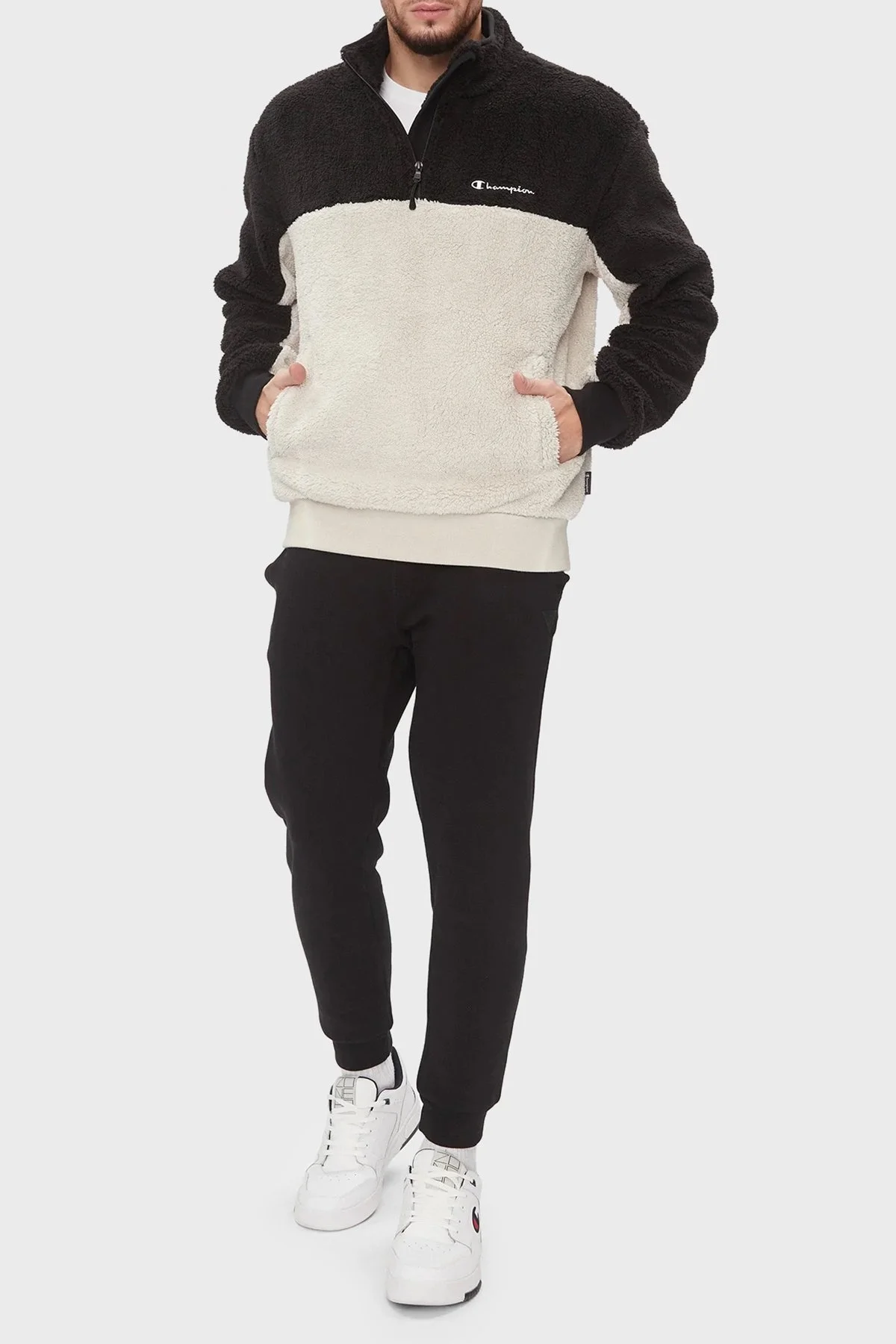 Champion Regular Fit Yarım Fermuarlı Teddy Polar Erkek Sweat 219442 SVL/NBK ES057 SİYAH-EKRU - 3