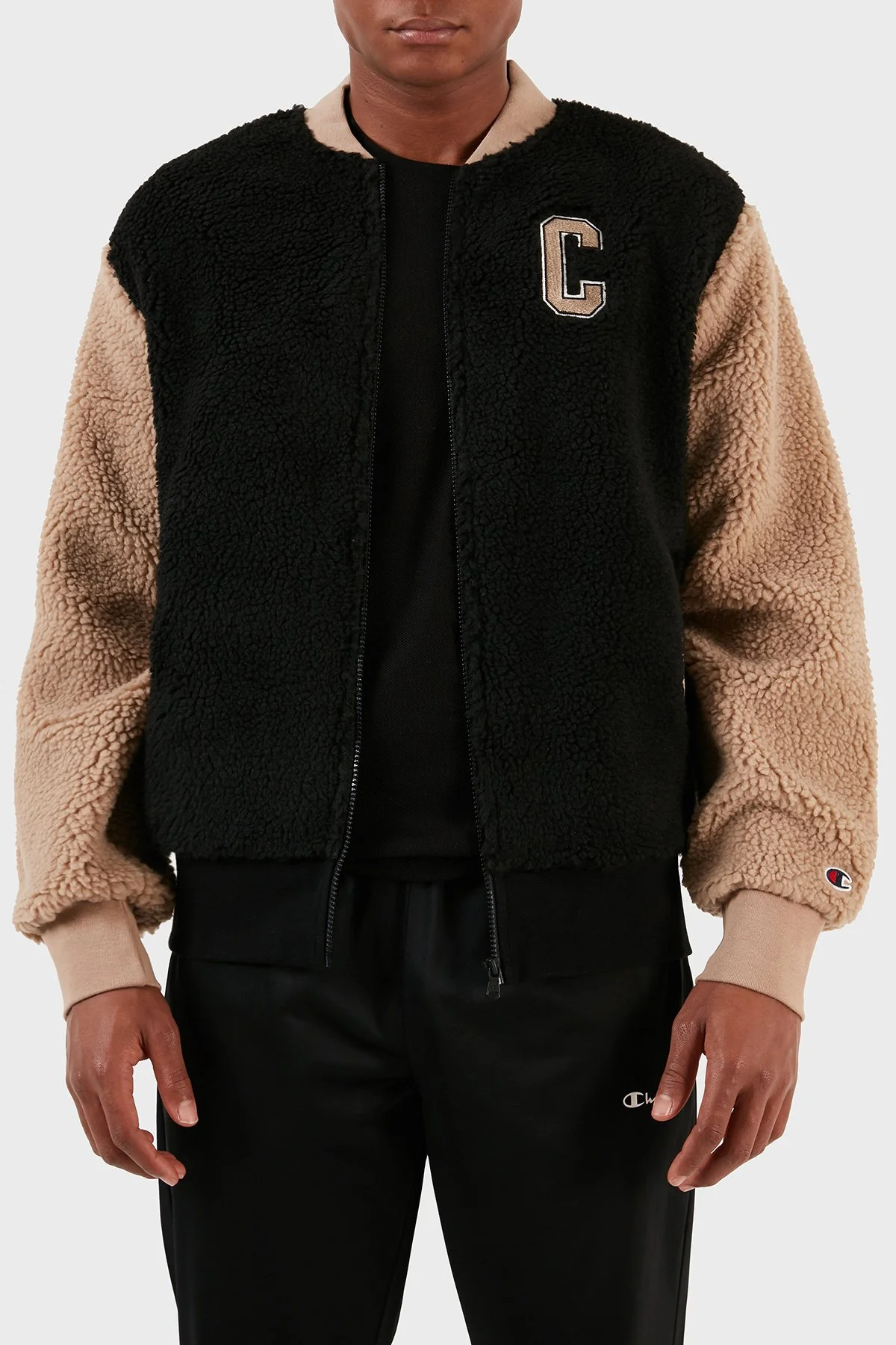 Champion Renk Bloklu Kolej Yaka Tam Fermuarlı Teddy Polar Bomber Erkek Ceket 219448 NBK/SVK KK001 SİYAH - 1