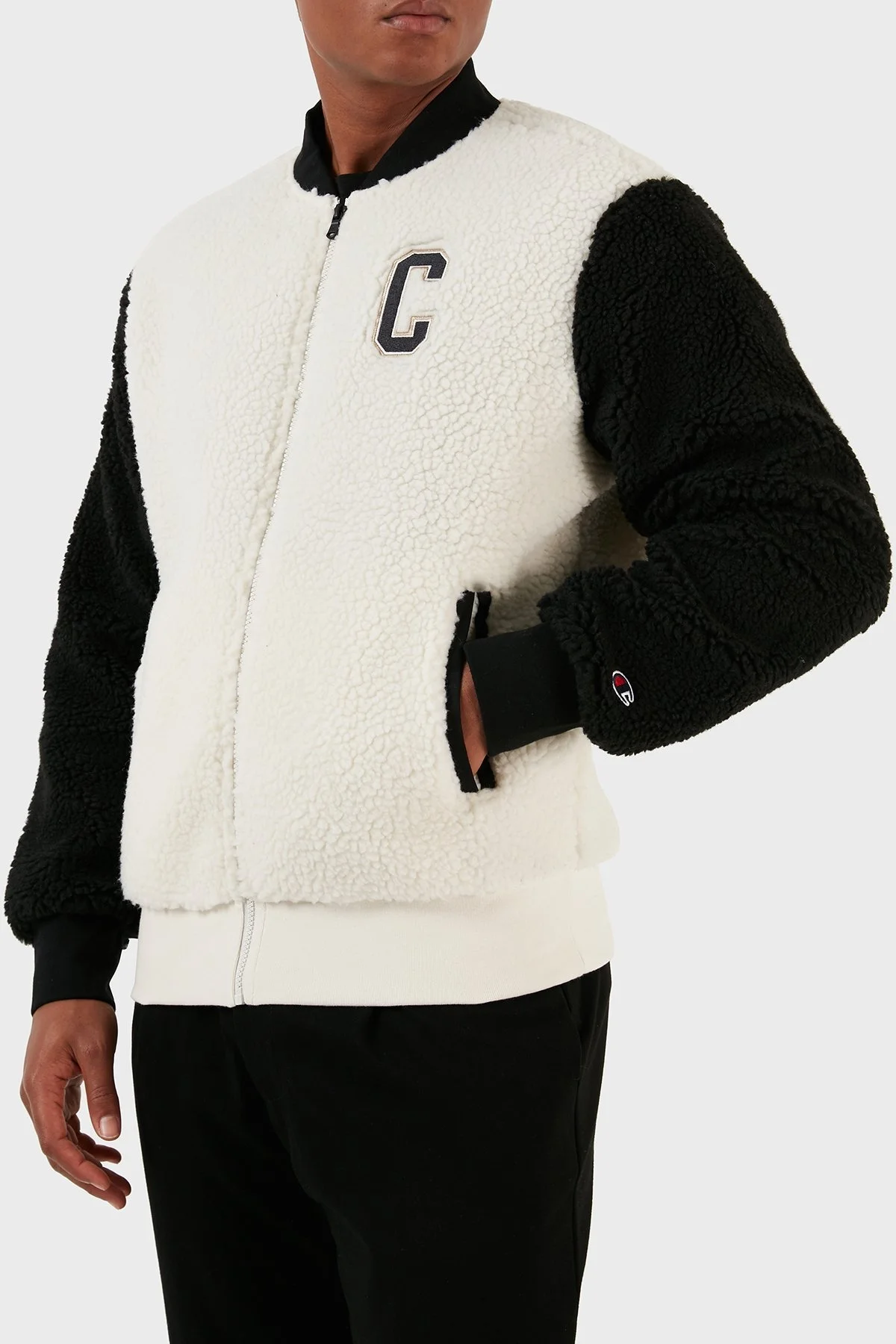 Champion Renk Bloklu Kolej Yaka Tam Fermuarlı Teddy Polar Bomber Erkek Ceket 219448 WSW/NBK WW034 EKRU - 2