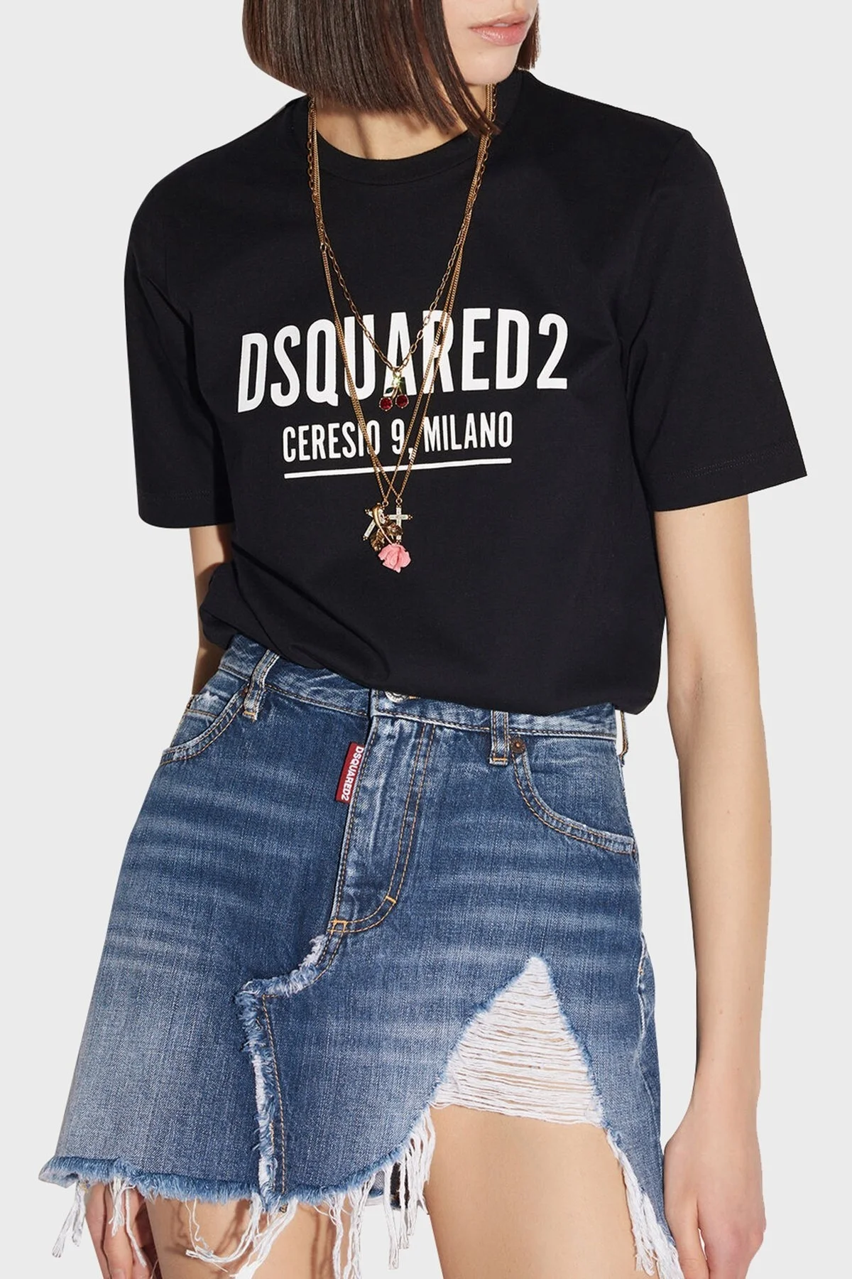 Dsquared2 Baskılı Bisiklet Yaka % 100 Pamuk Regular Fit Bayan T Shirt S72GD0318 S23009 900 SİYAH - 1