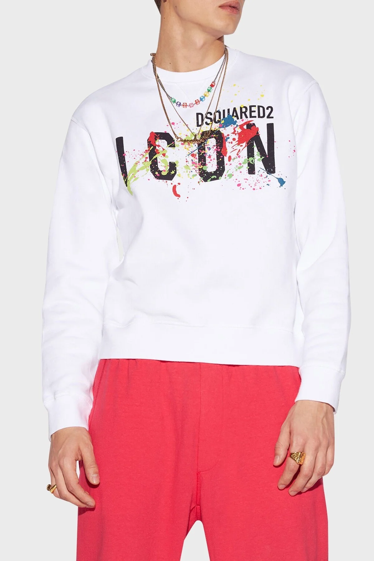 Dsquared2 Baskılı Bisiklet Yaka Pamuklu Slim Fit Erkek Sweat S79GU0073 S25516 100 BEYAZ - 1