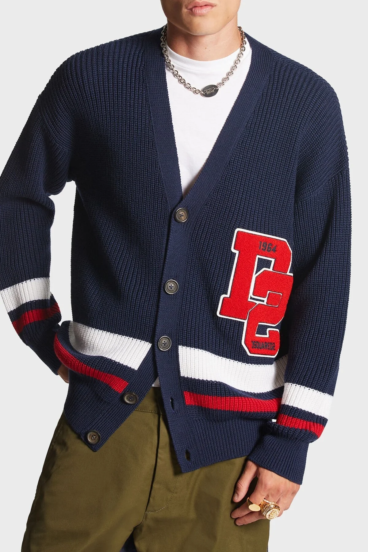 Dsquared2 Logolu % 100 Yün Oversize Fit V Yaka Örme Erkek Hırka S74HA1420 S18431 961 LACİVERT - 6