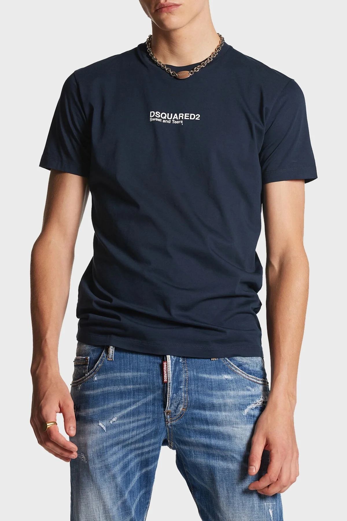 Dsquared2 Logolu Pamuklu Bisiklet Yaka Erkek T Shirt S74GD0946 S23009 478 LACİVERT - 1
