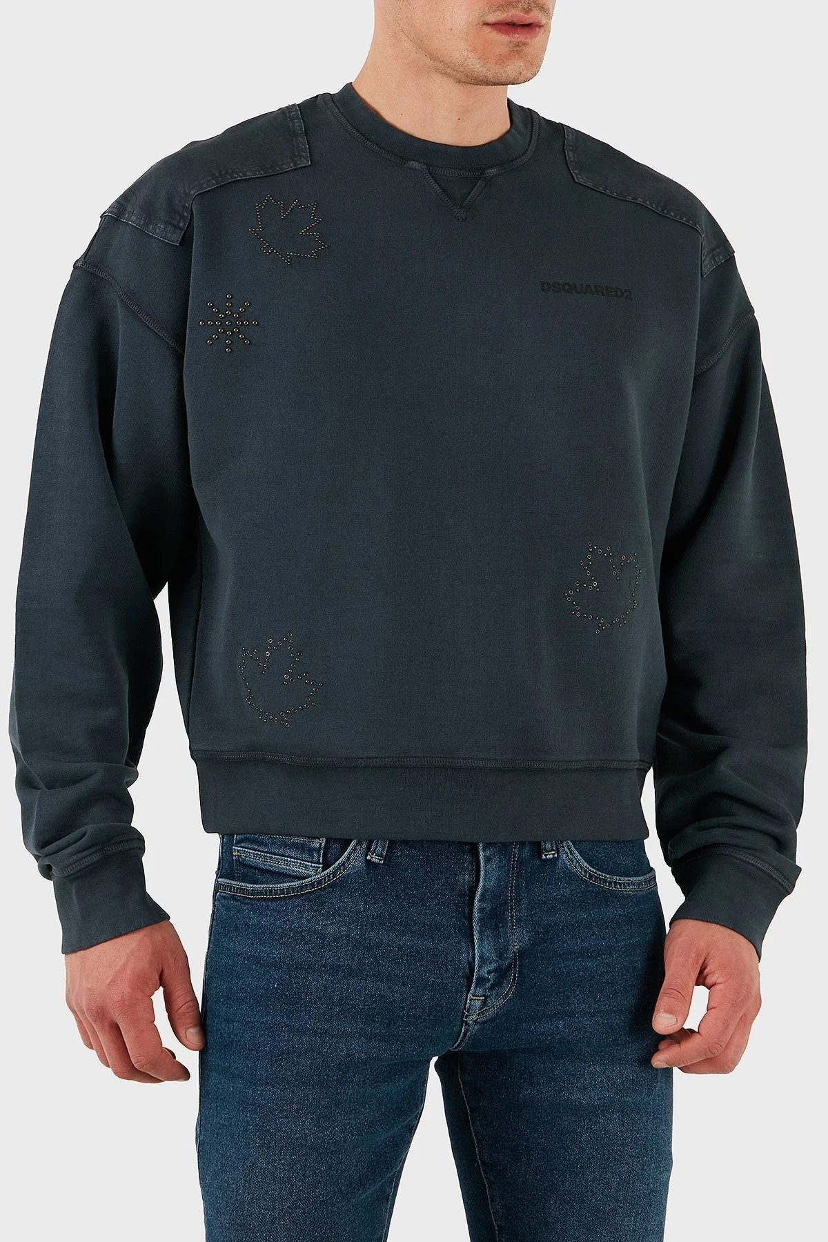 Dsquared2 Streç Pamuklu Regular Fit Zımba Detaylı Bisiklet Yaka Erkek Sweat S74GU0752 S25539 814 ANTRASİT - 7