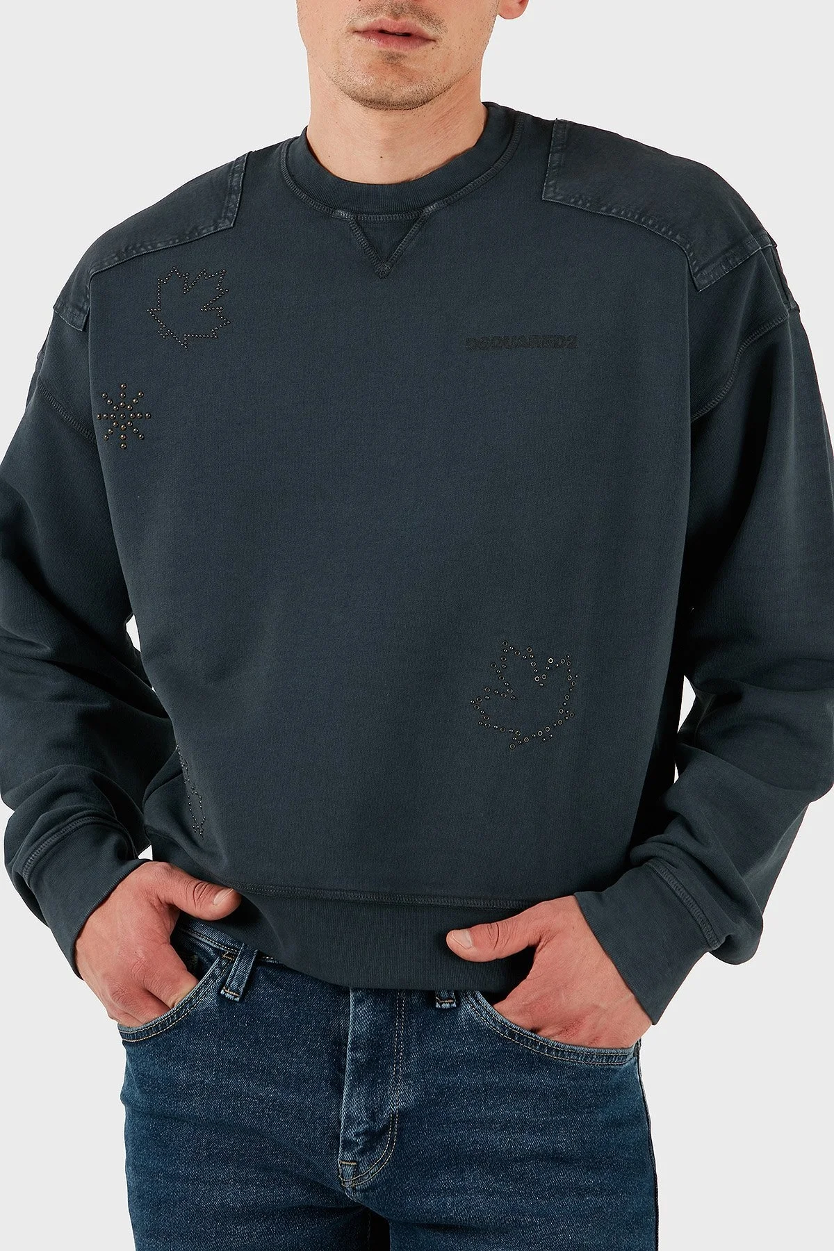 Dsquared2 Streç Pamuklu Regular Fit Zımba Detaylı Bisiklet Yaka Erkek Sweat S74GU0752 S25539 814 ANTRASİT - 9