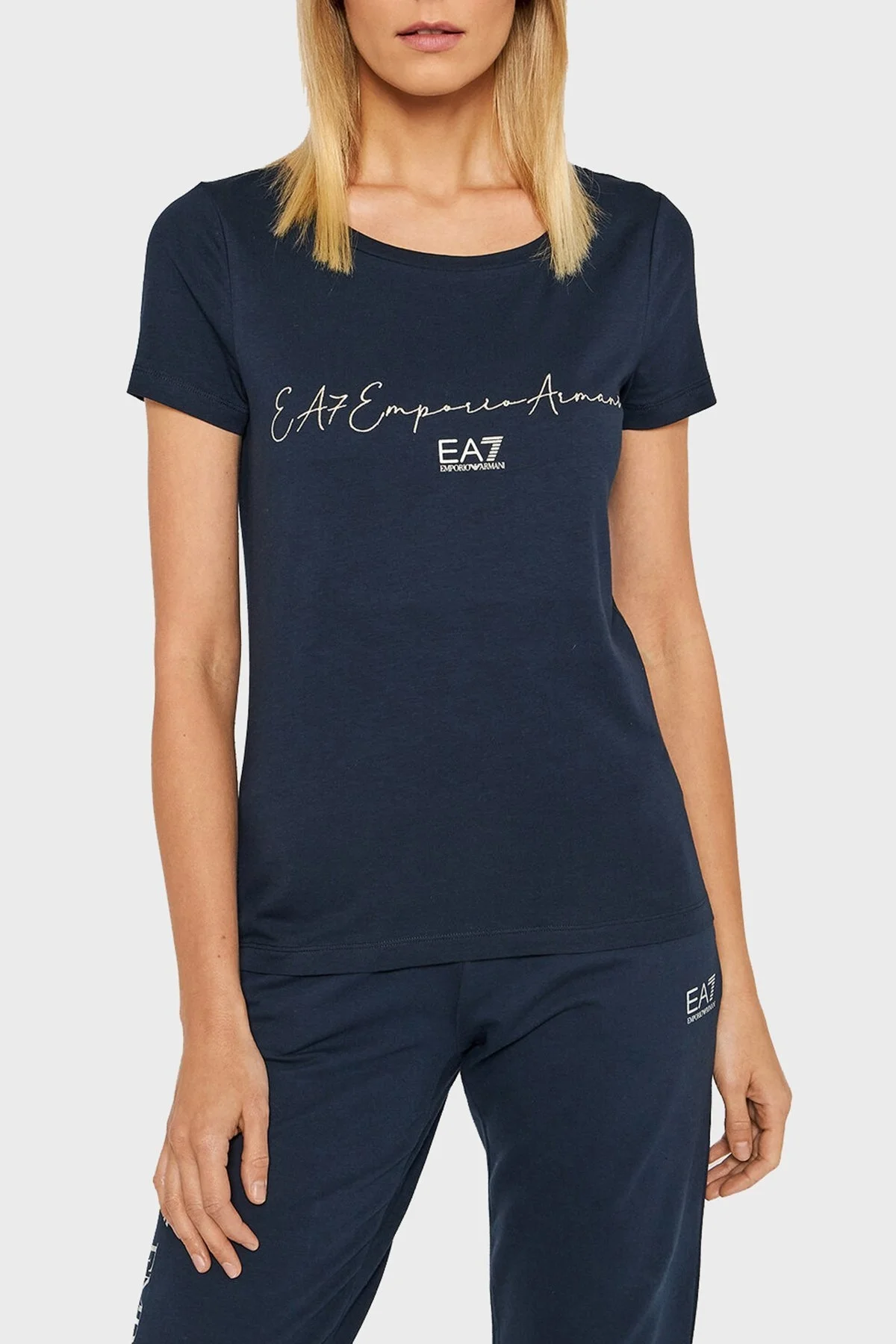 EA7 Baskılı Regular Fit Bisiklet Yaka Pamuklu Bayan T Shirt 3LTT16 TJCRZ 1554 LACİVERT - 1