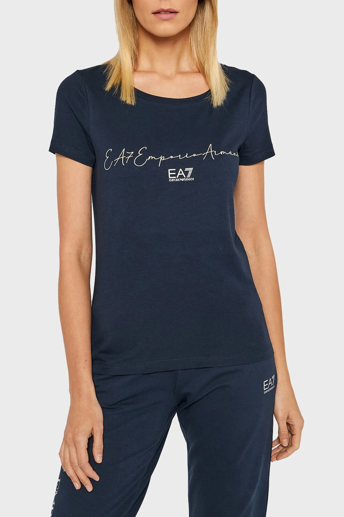 EA7 Baskılı Regular Fit Bisiklet Yaka Pamuklu Kadın T Shirt 3LTT16 TJCRZ 1554 LACİVERT - 1