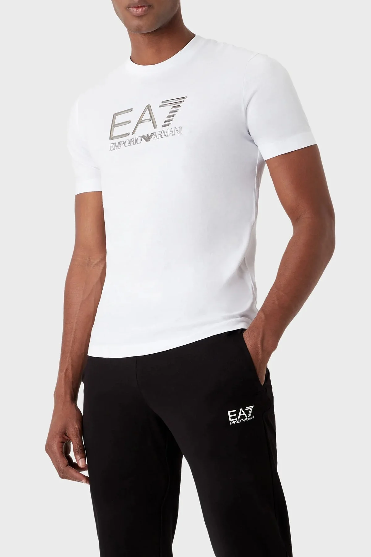 EA7 Logolu Bisiklet Yaka % 100 Pamuk Slim Fit Erkek T Shirt 3RPT71 PJM9Z 1100 BEYAZ - 1