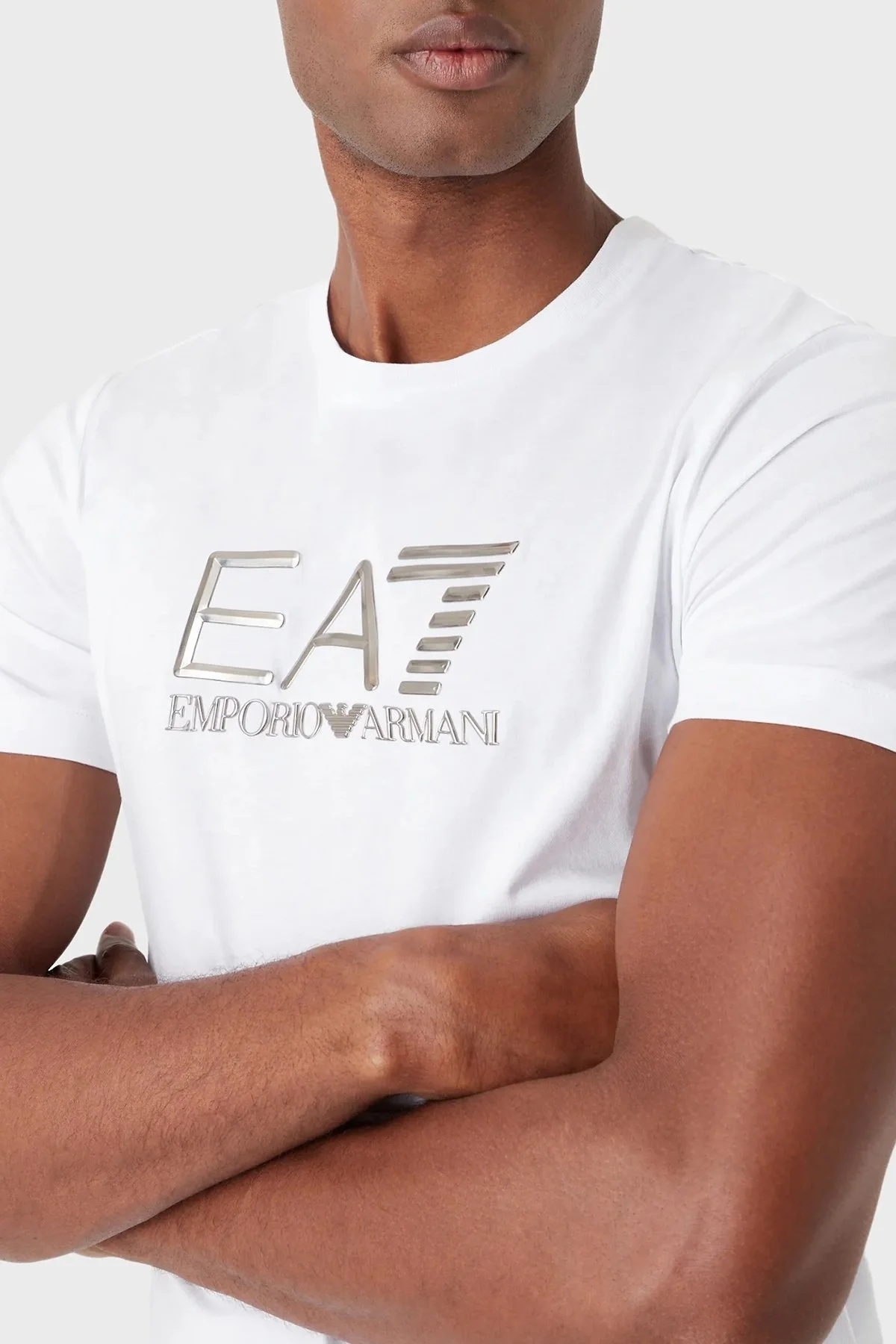 EA7 Logolu Bisiklet Yaka % 100 Pamuk Slim Fit Erkek T Shirt 3RPT71 PJM9Z 1100 BEYAZ - 2