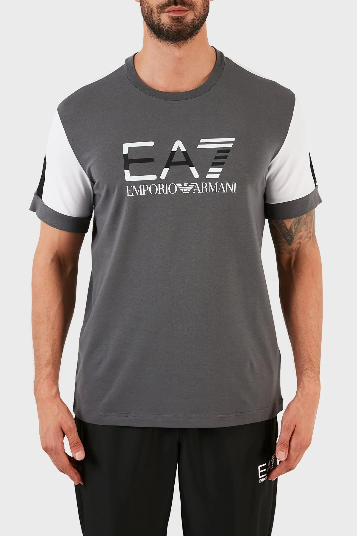 EA7 Logolu Pamuklu Bisiklet Yaka Erkek T Shirt S 3KPT68 PJ5MZ 1977 GRİ - 1